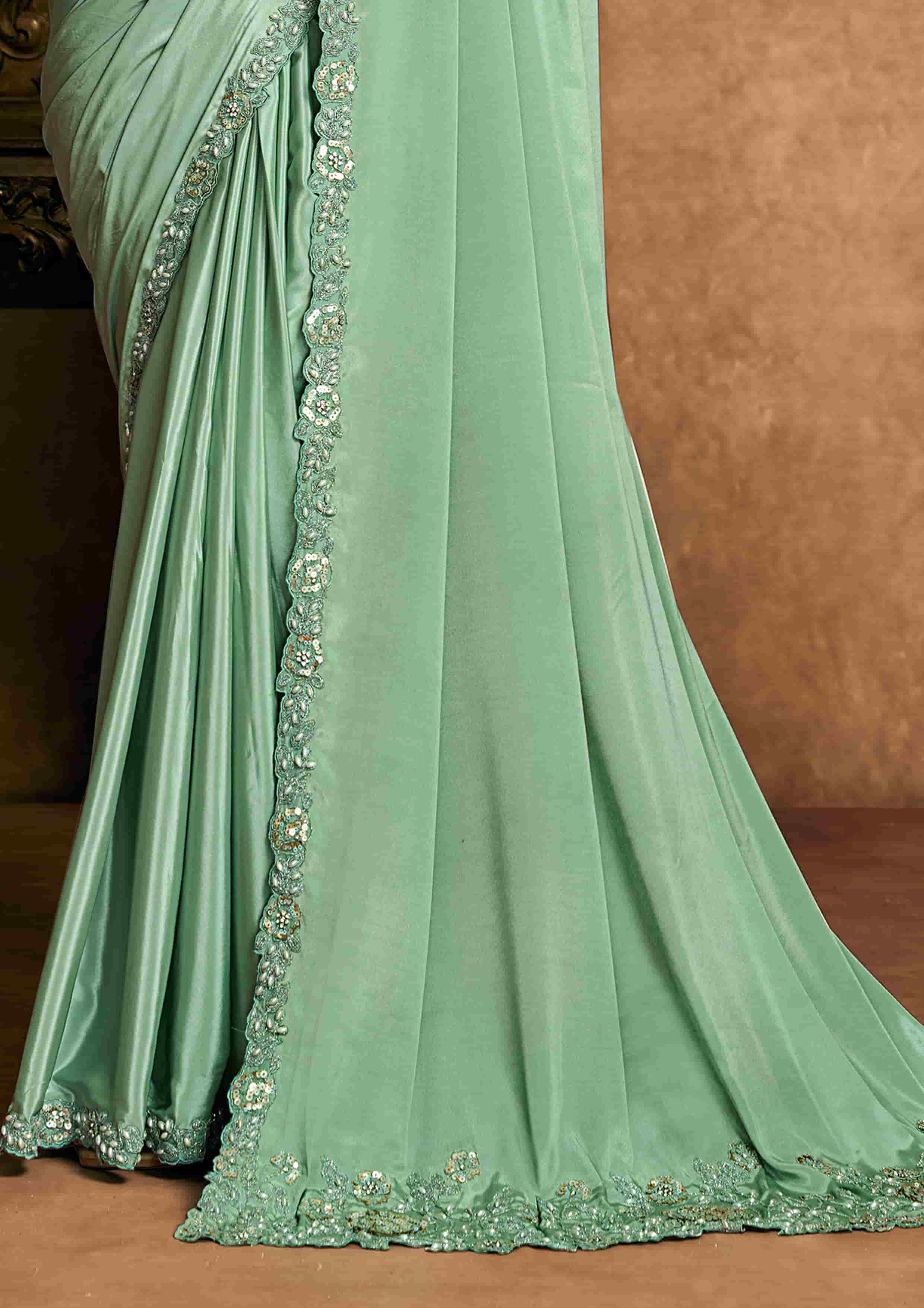 Blue Pure Crepe Satin Premium Fabric Work Party Wear Saree