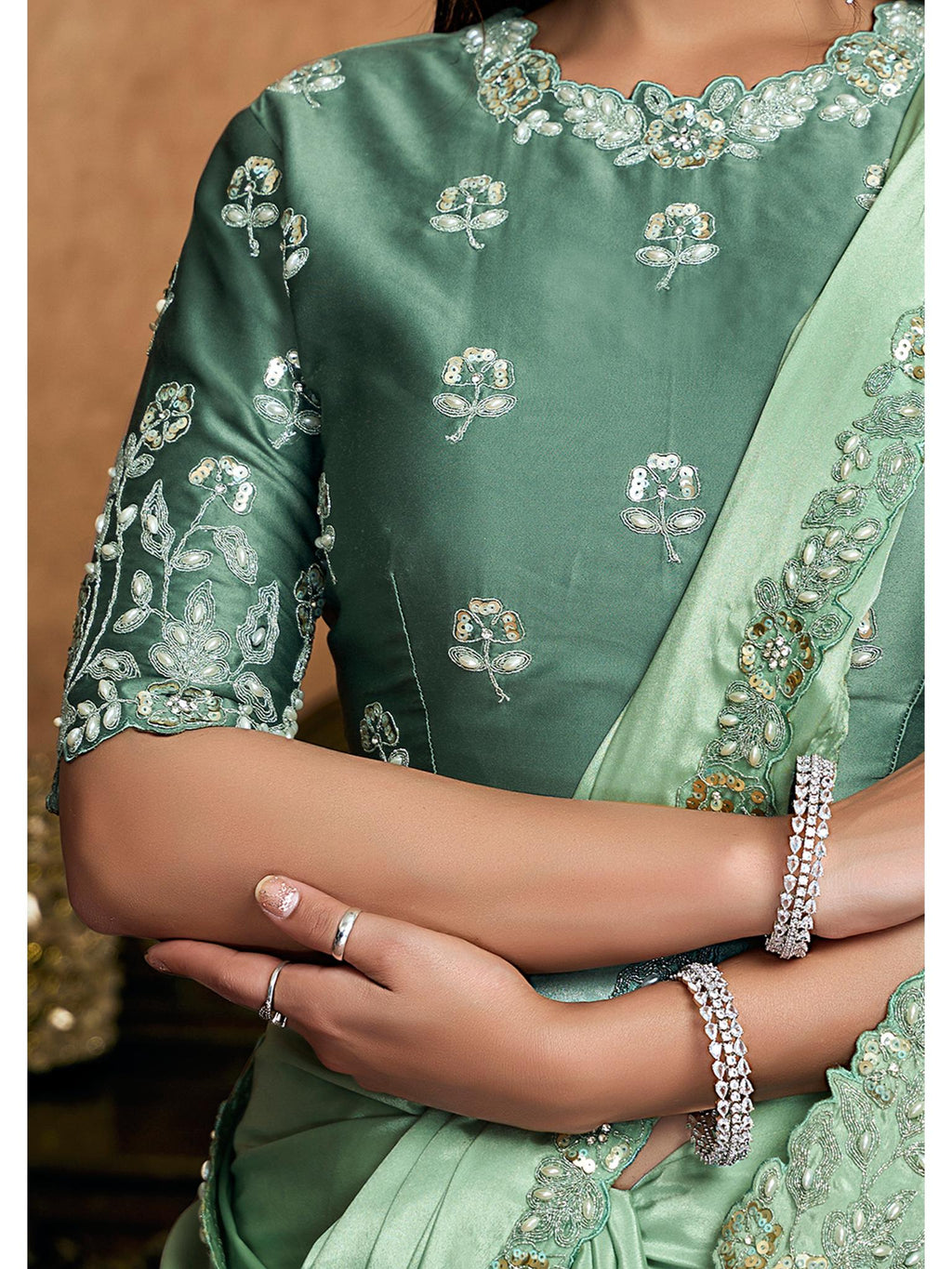 Pista Green Pure Crepe Satin Sequin Embroidered Saree