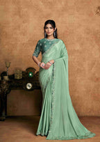 Blue Pure Crepe Satin Premium Fabric Work Party Wear Saree