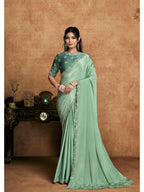 Pista Green Pure Crepe Satin Sequin Embroidered Saree