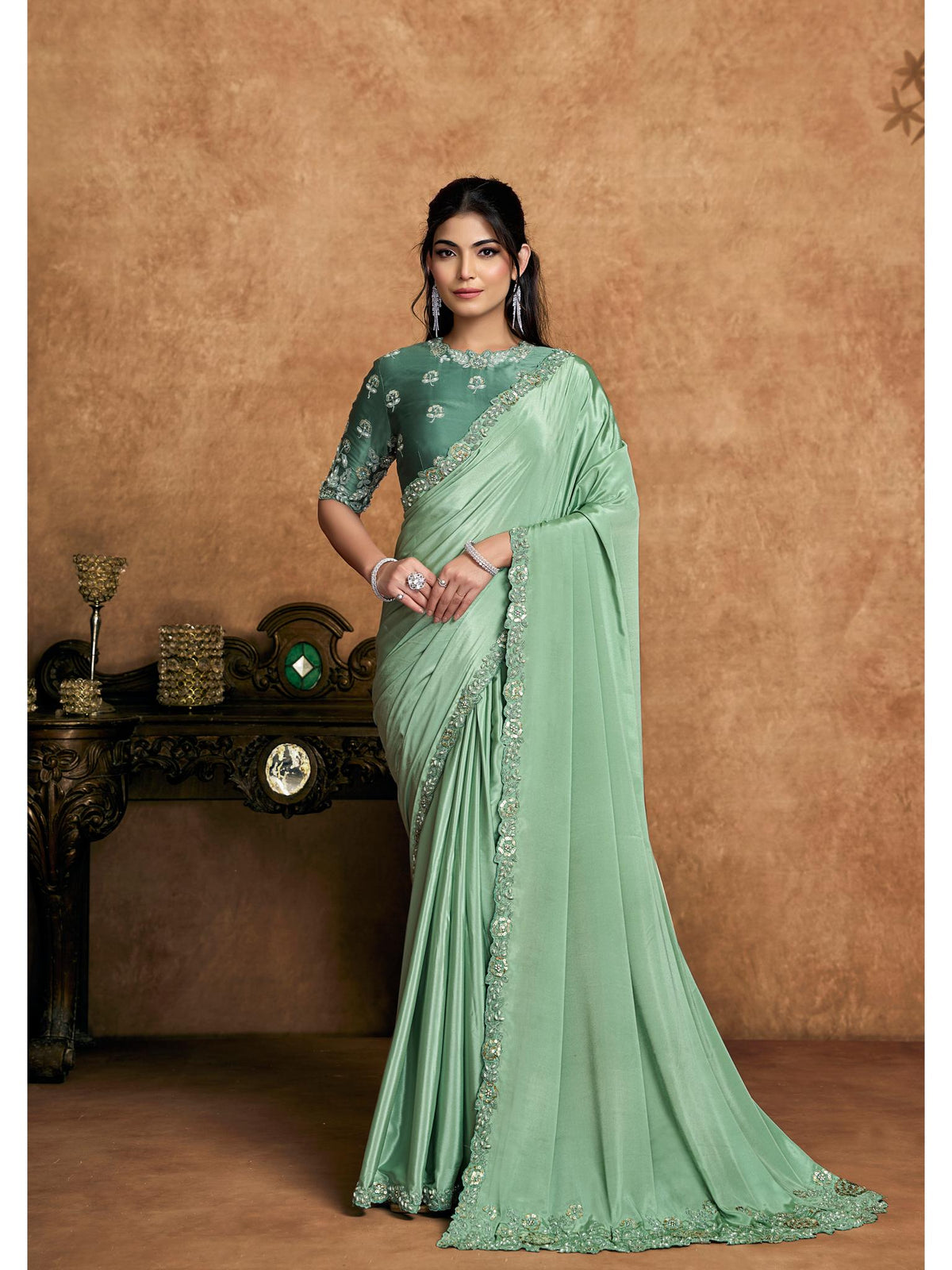 Pista Green Pure Crepe Satin Sequin Embroidered Saree