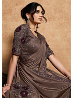 Coffee Lustrous Satin Silk Woven Work Party Wear Saree
