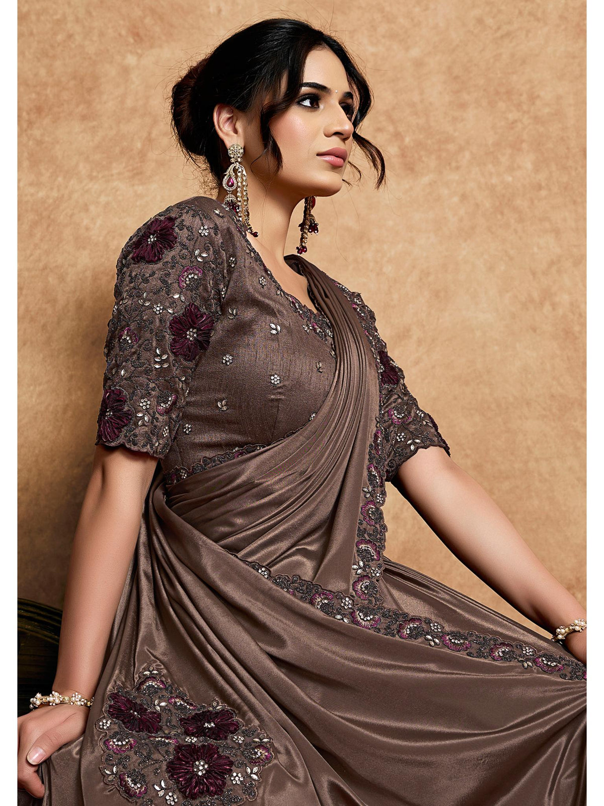 Coffee Lustrous Satin Silk Woven Work Party Wear Saree