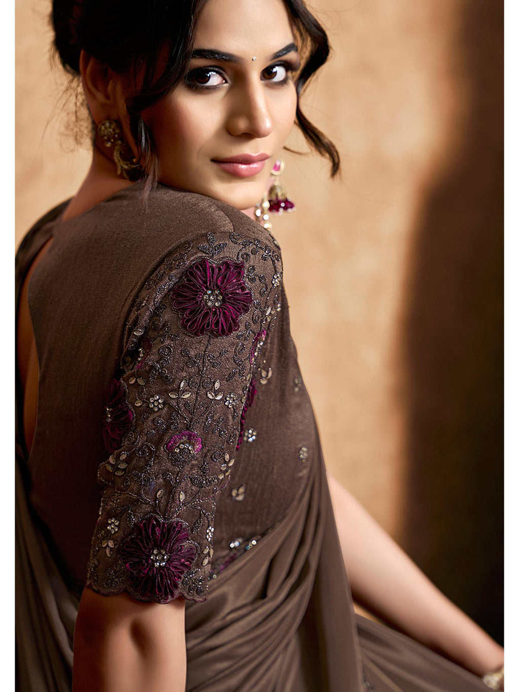 Coffee Lustrous Satin Silk Woven Work Party Wear Saree