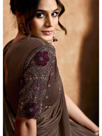 Coffee Lustrous Satin Silk Woven Work Party Wear Saree