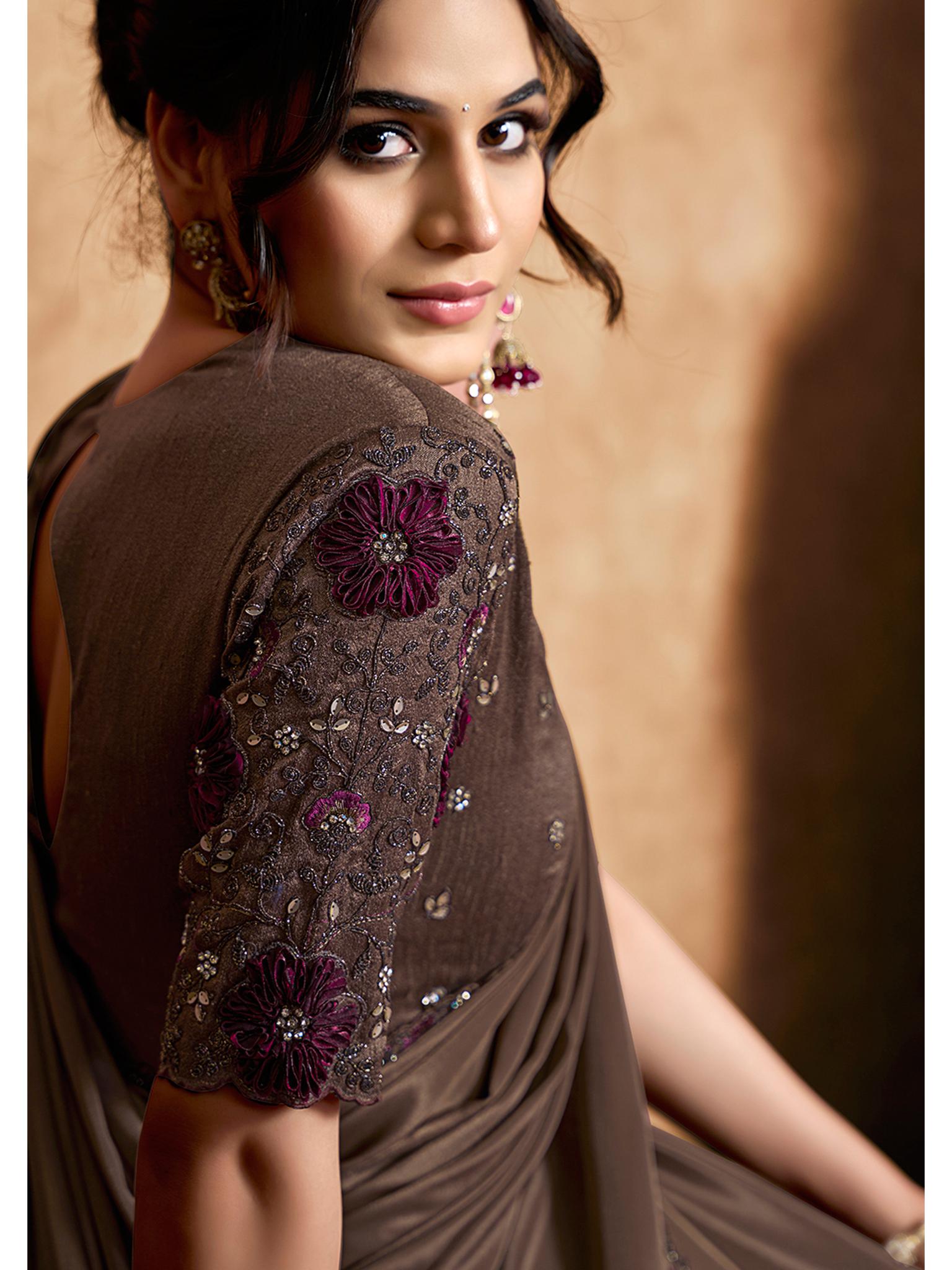 Coffee Lustrous Satin Silk Woven Work Party Wear Saree