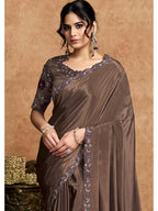 Coffee Lustrous Satin Silk Woven Work Party Wear Saree