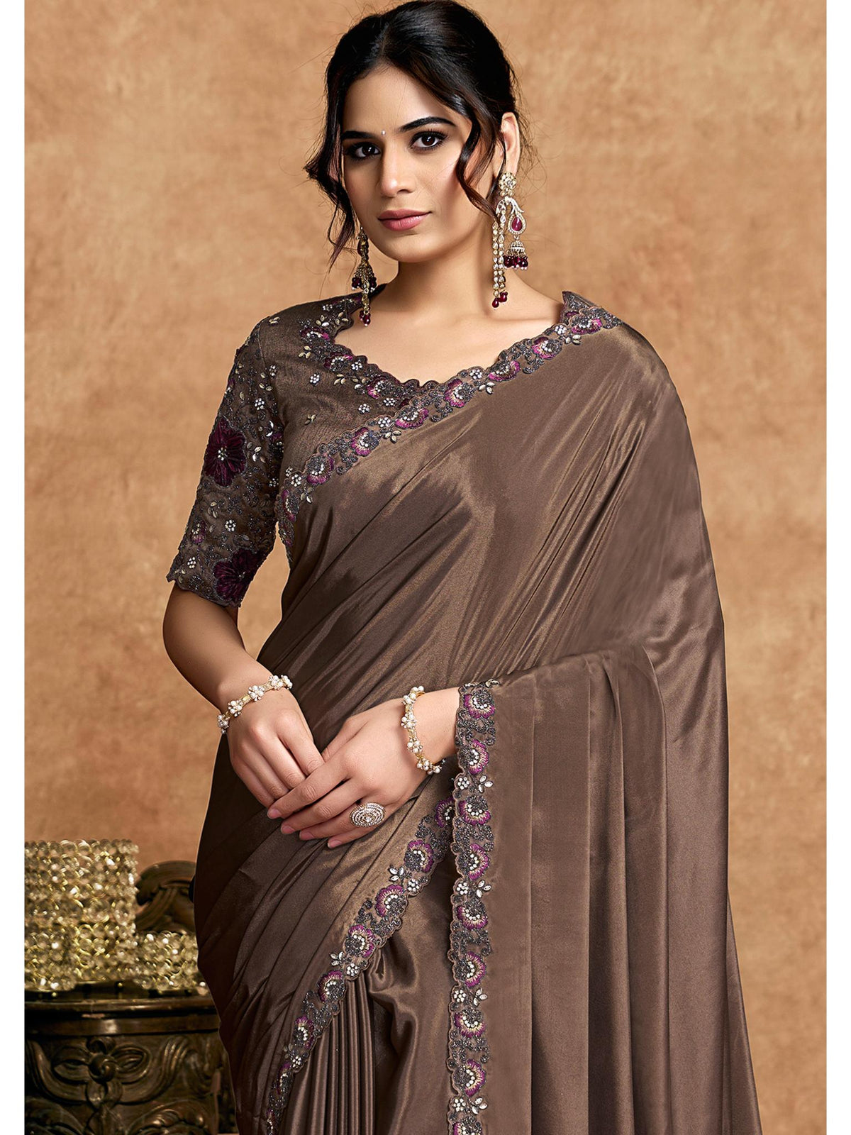 Coffee Lustrous Satin Silk Woven Work Party Wear Saree