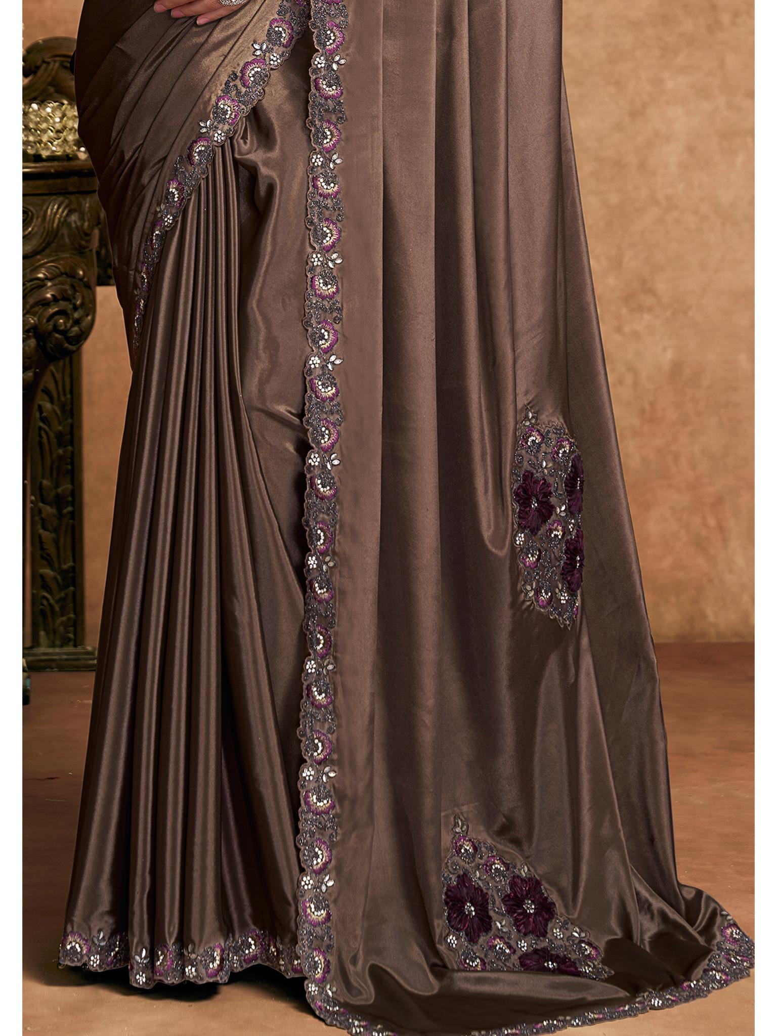 Coffee Lustrous Satin Silk Woven Work Party Wear Saree
