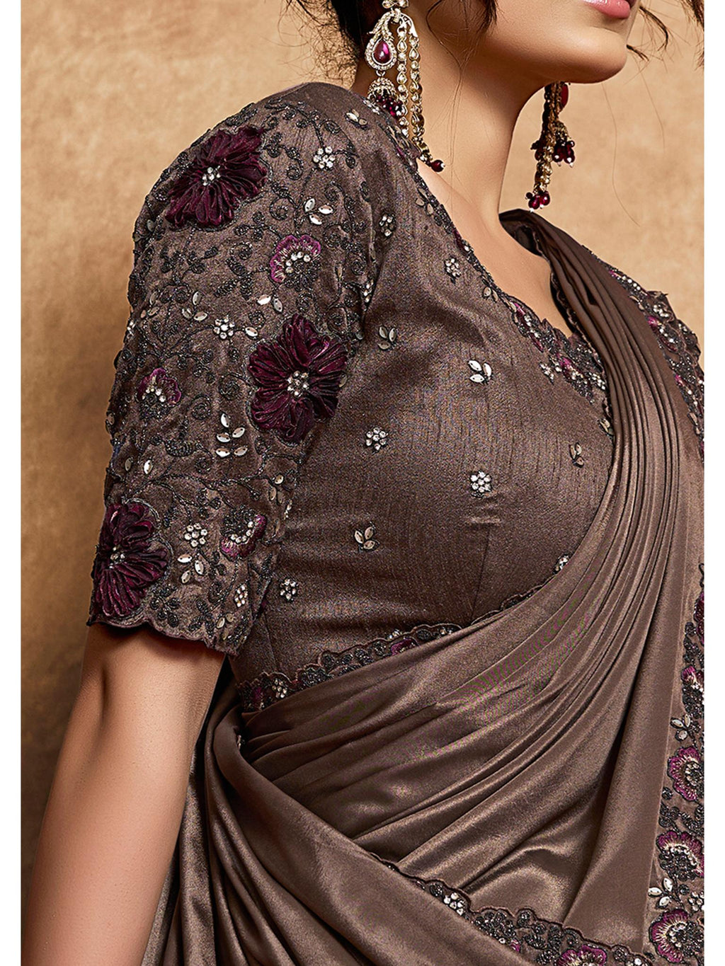 Coffee Lustrous Satin Silk Woven Work Party Wear Saree