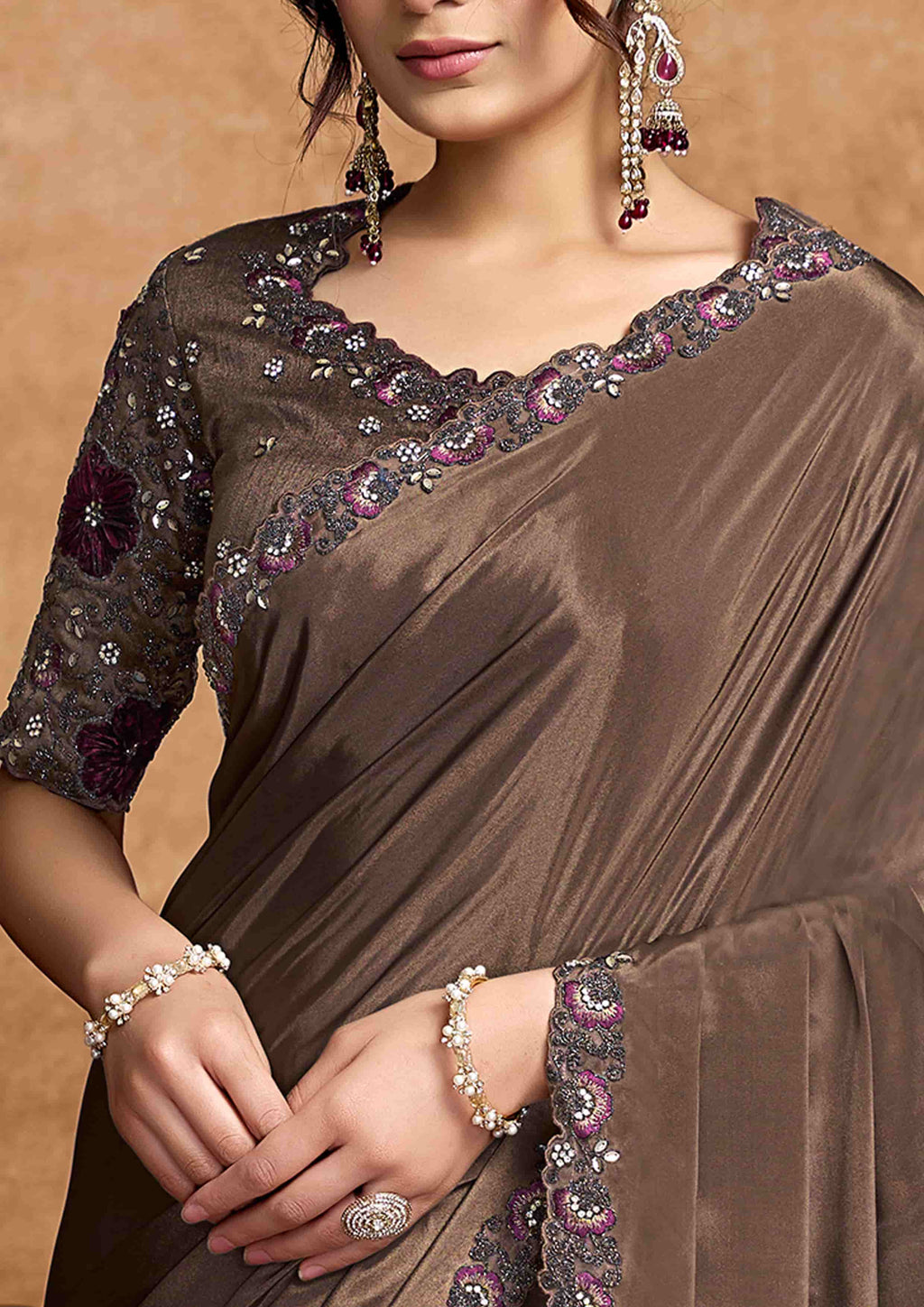 Coffee Lustrous Satin Silk Party Wear Saree with Unstitched Blouse