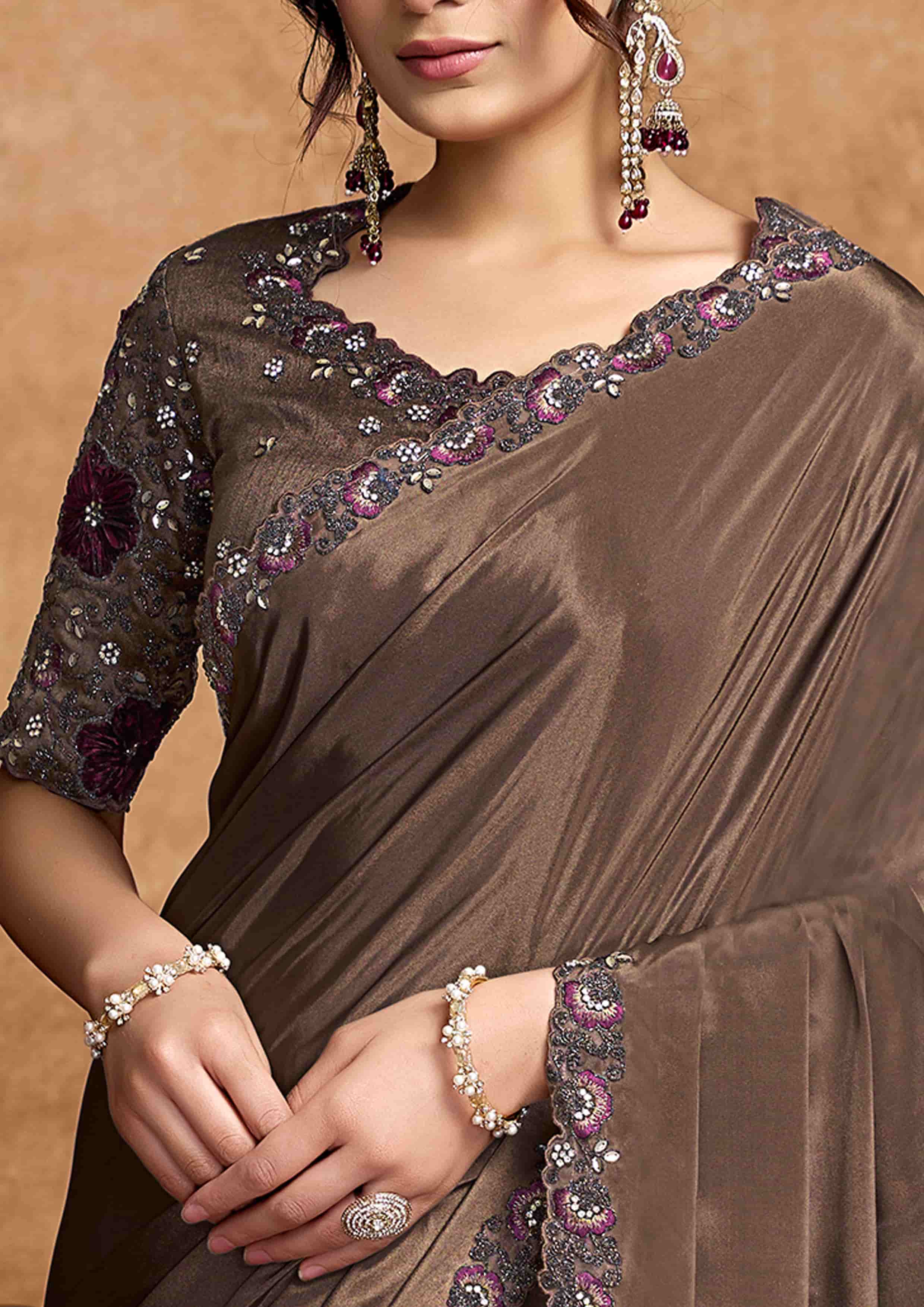 Coffee Lustrous Satin Silk Party Wear Saree with Unstitched Blouse