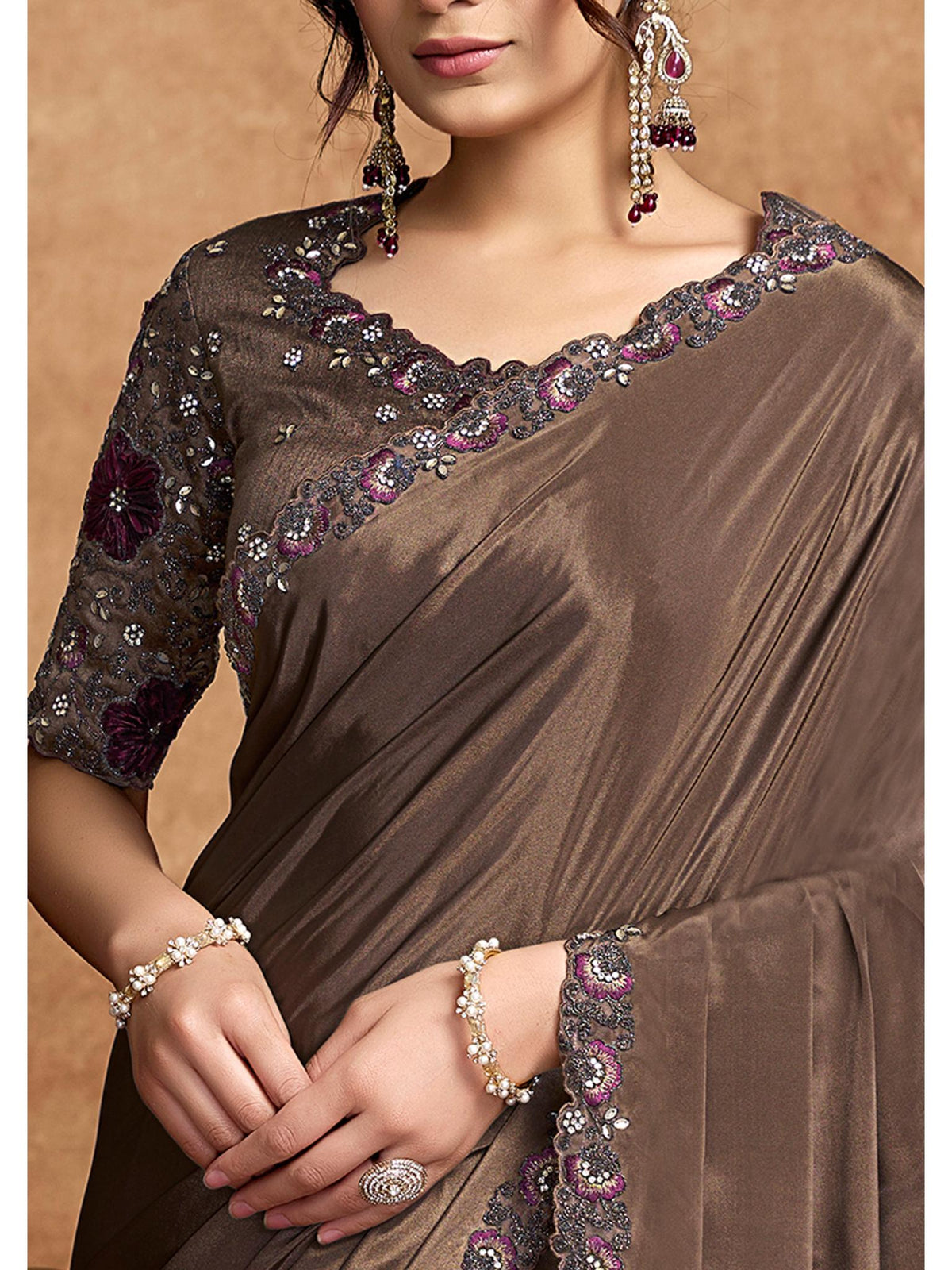 Coffee Lustrous Satin Silk Woven Work Party Wear Saree
