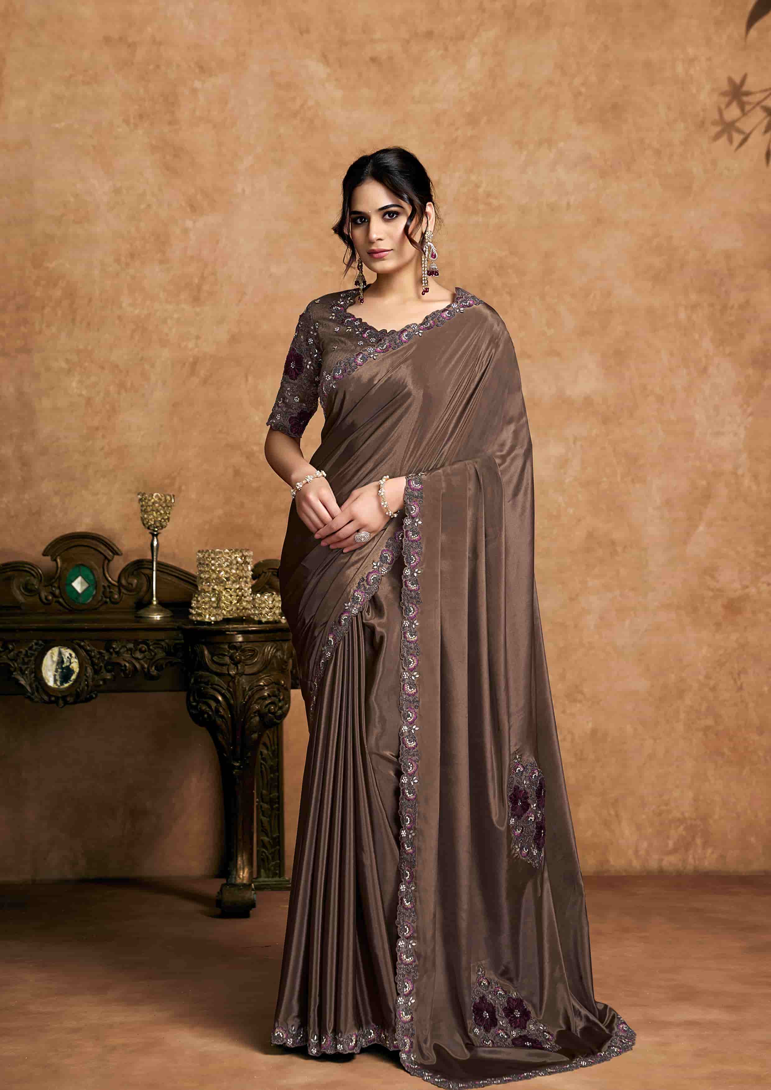 Coffee Lustrous Satin Silk Party Wear Saree with Unstitched Blouse