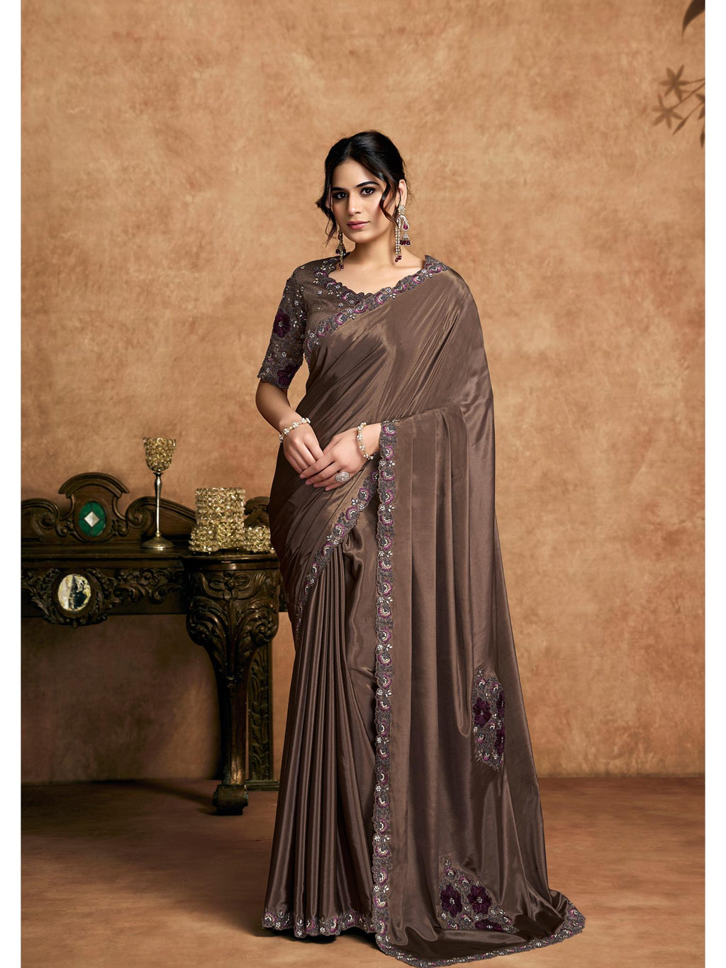 Coffee Lustrous Satin Silk Woven Work Party Wear Saree