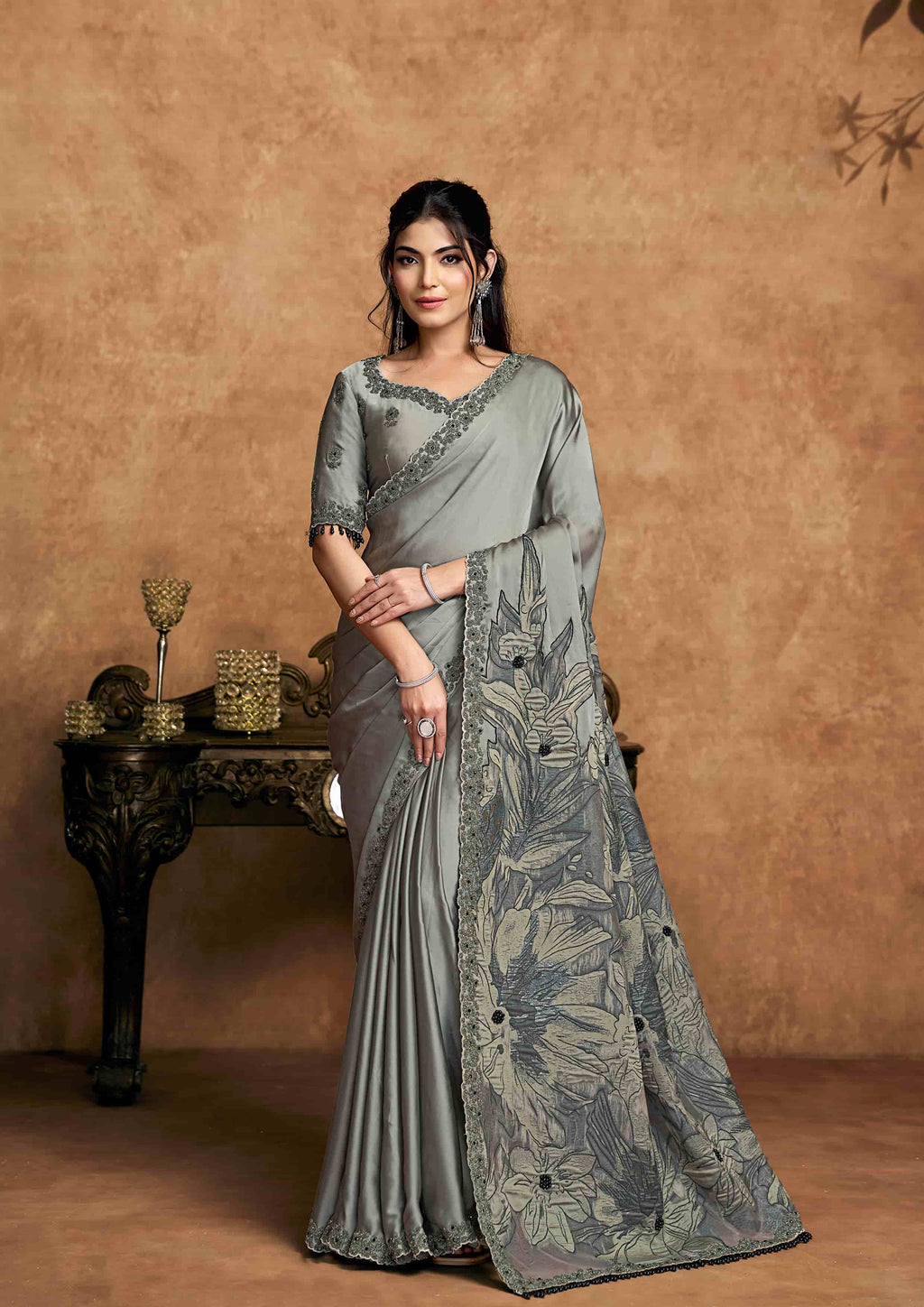 Grey Satin Silk, Double Weave Jacquard Party Wear Saree with Unstitched Blouse