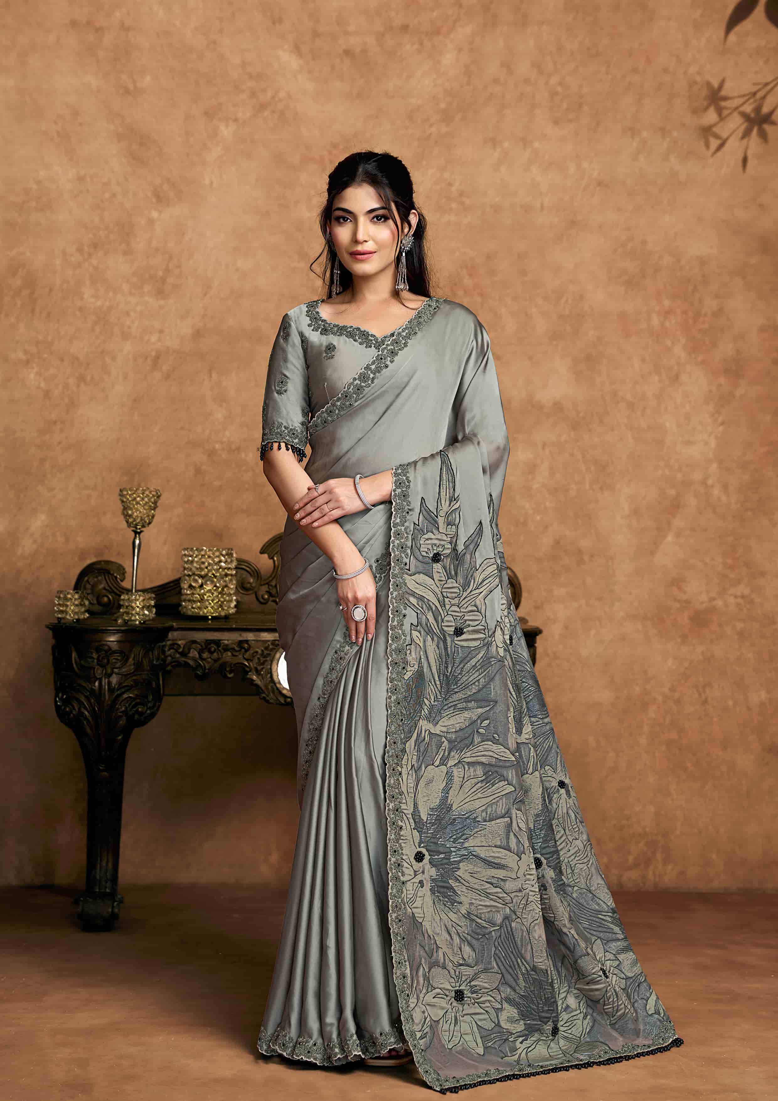 Grey Satin Silk, Double Weave Jacquard Party Wear Saree with Unstitched Blouse