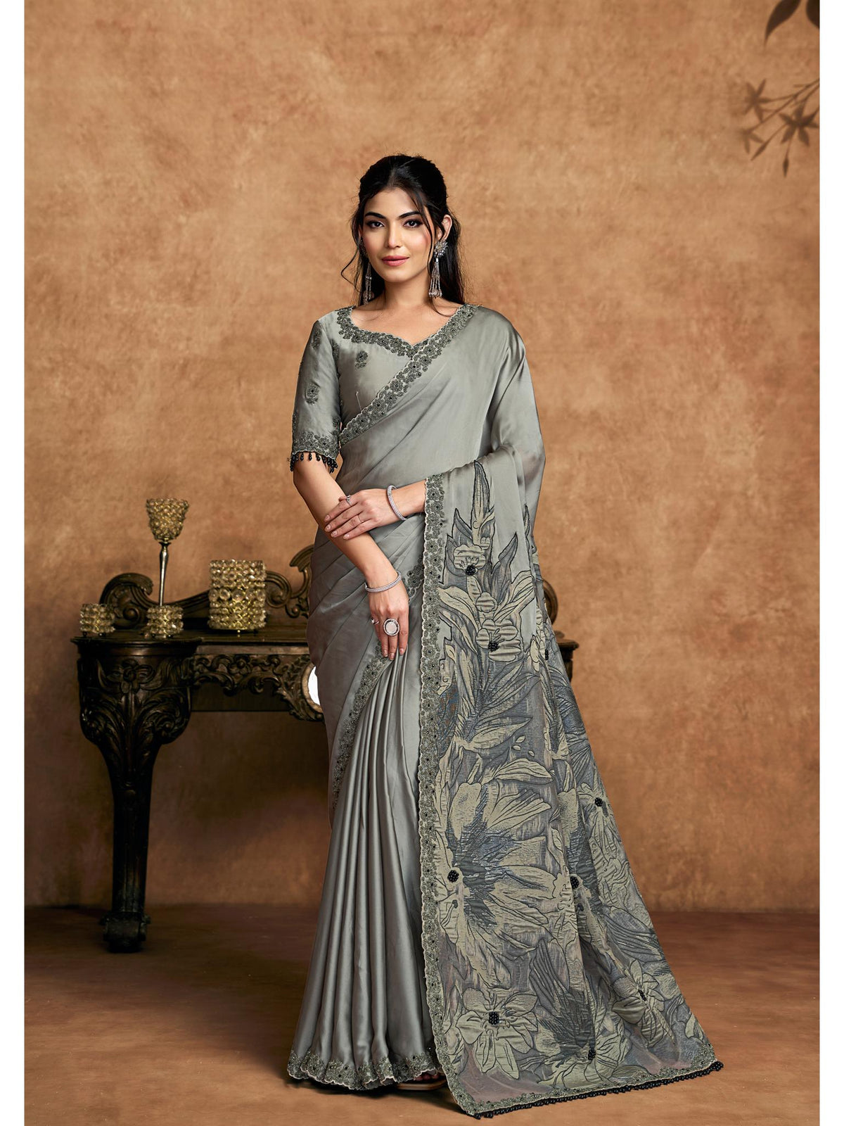 Grey Satin Silk Jacquard Weave Party Wear Saree