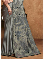 Grey Satin Silk Jacquard Weave Party Wear Saree