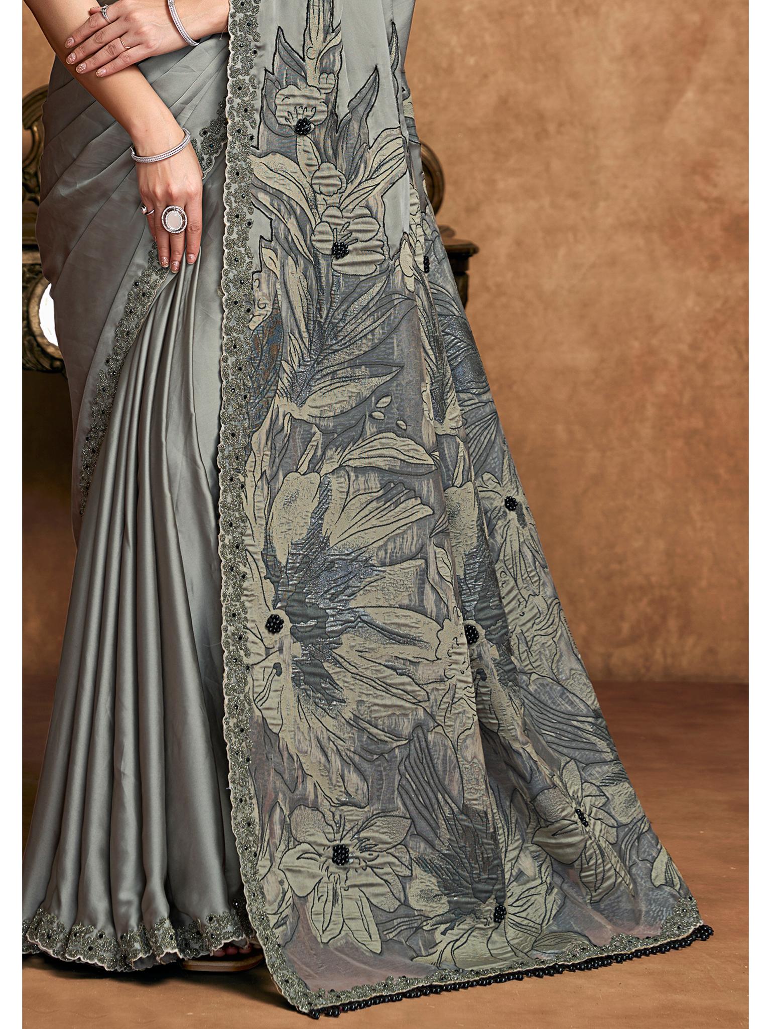 Grey Satin Silk Jacquard Weave Party Wear Saree