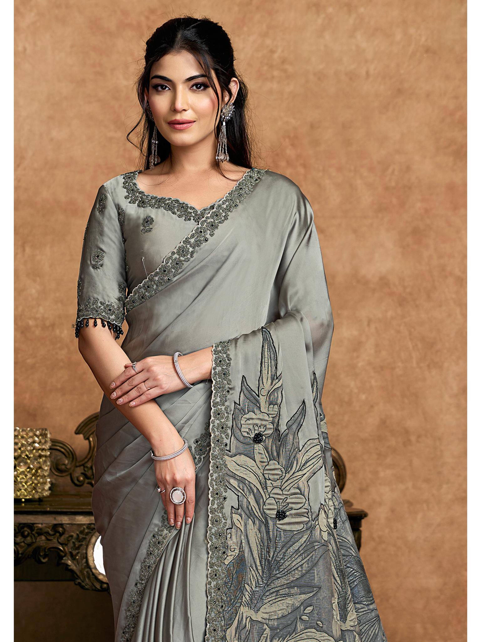 Grey Satin Silk Jacquard Weave Party Wear Saree
