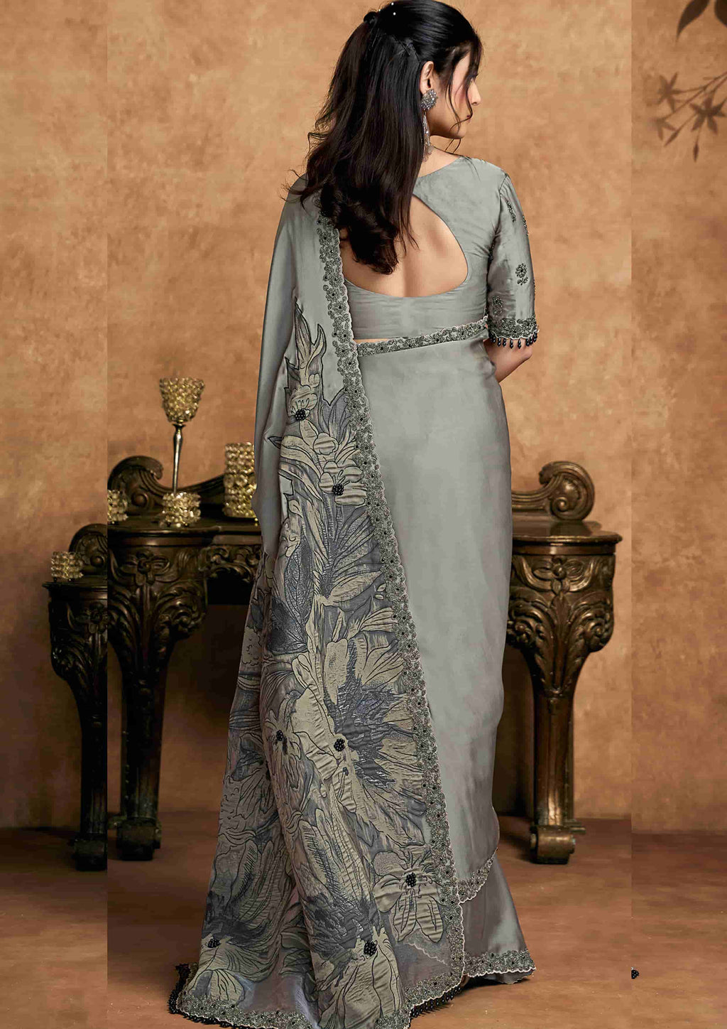 Grey Satin Silk, Double Weave Jacquard Party Wear Saree with Unstitched Blouse