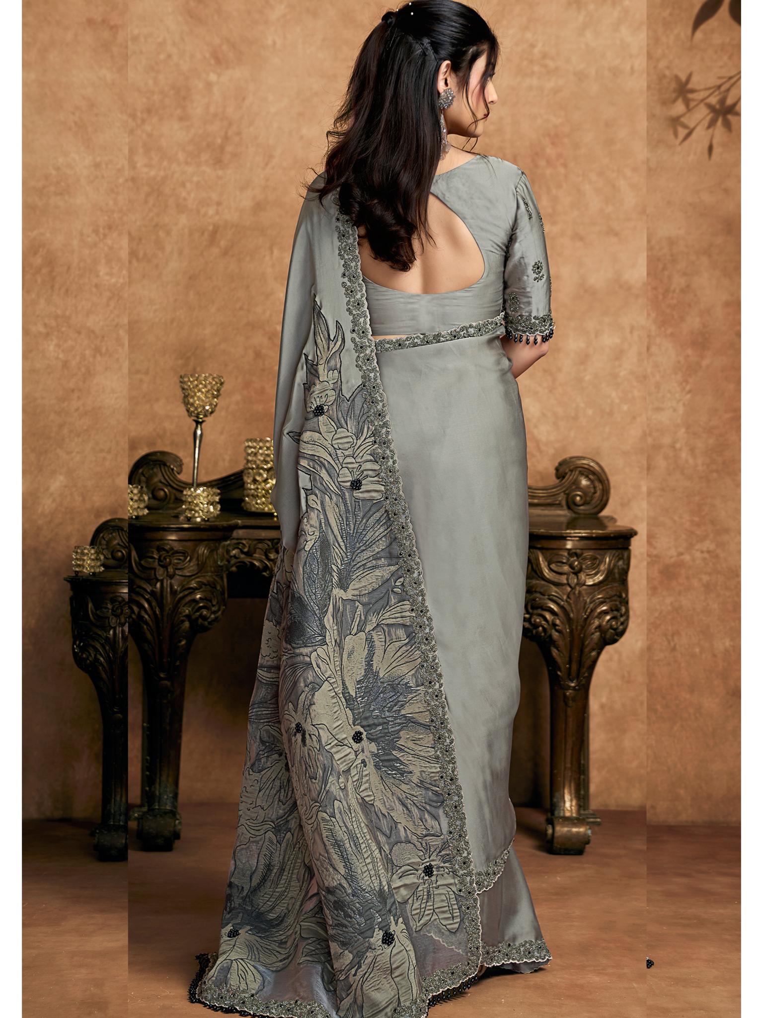 Grey Satin Silk Jacquard Weave Party Wear Saree