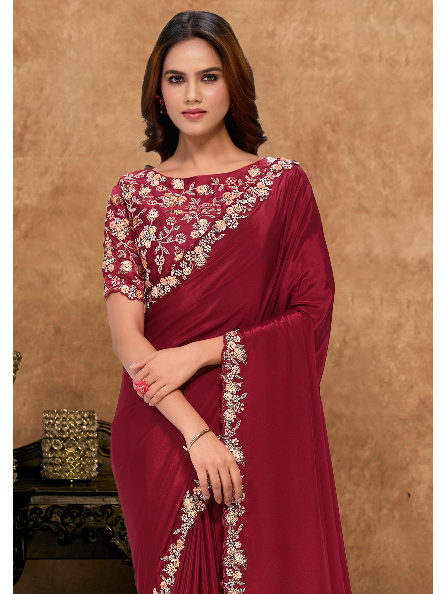 Maroon Pure Crepe Georgette Sequin Moti Work Saree