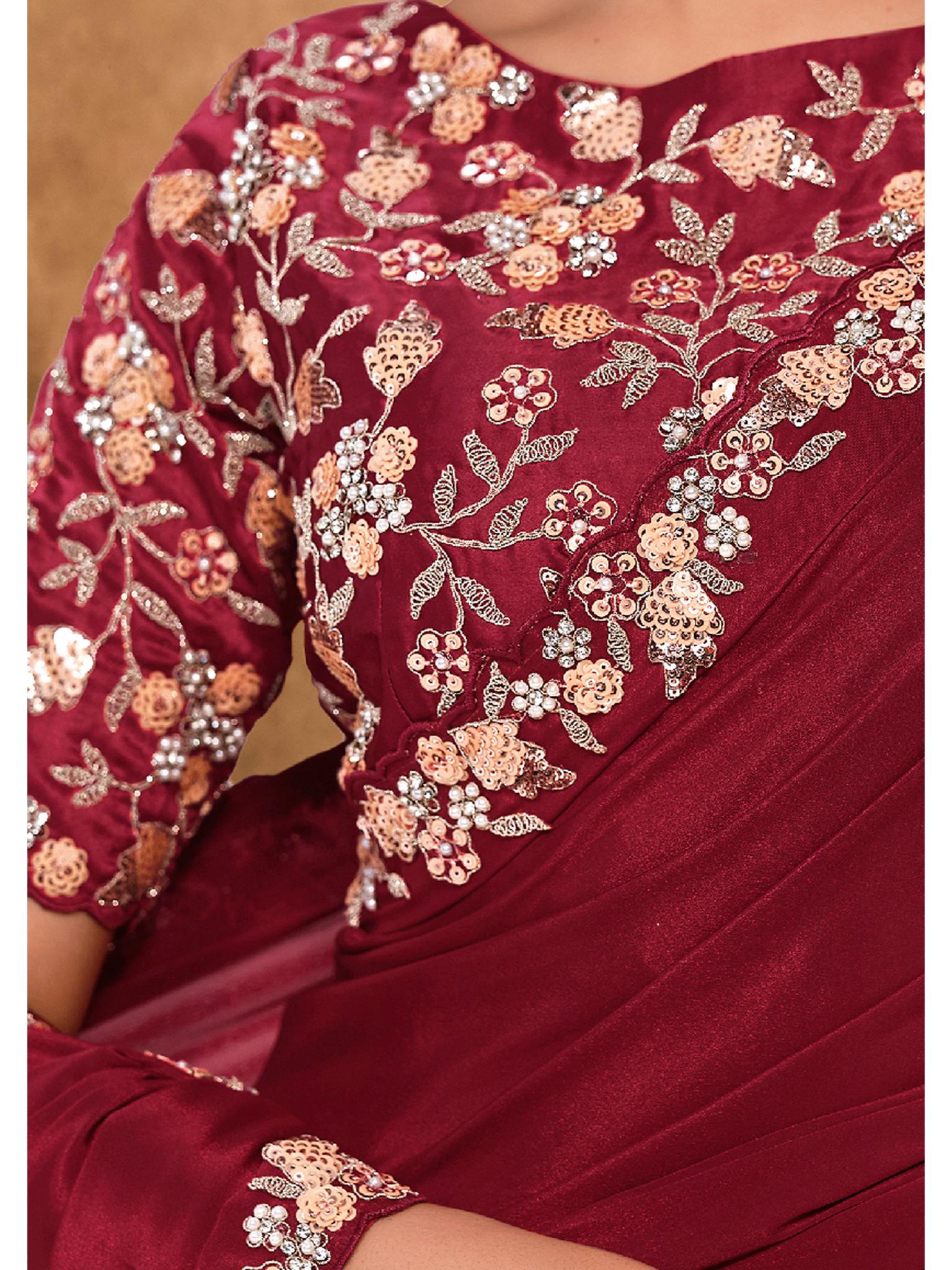 Maroon Pure Crepe Georgette Sequin Moti Work Saree