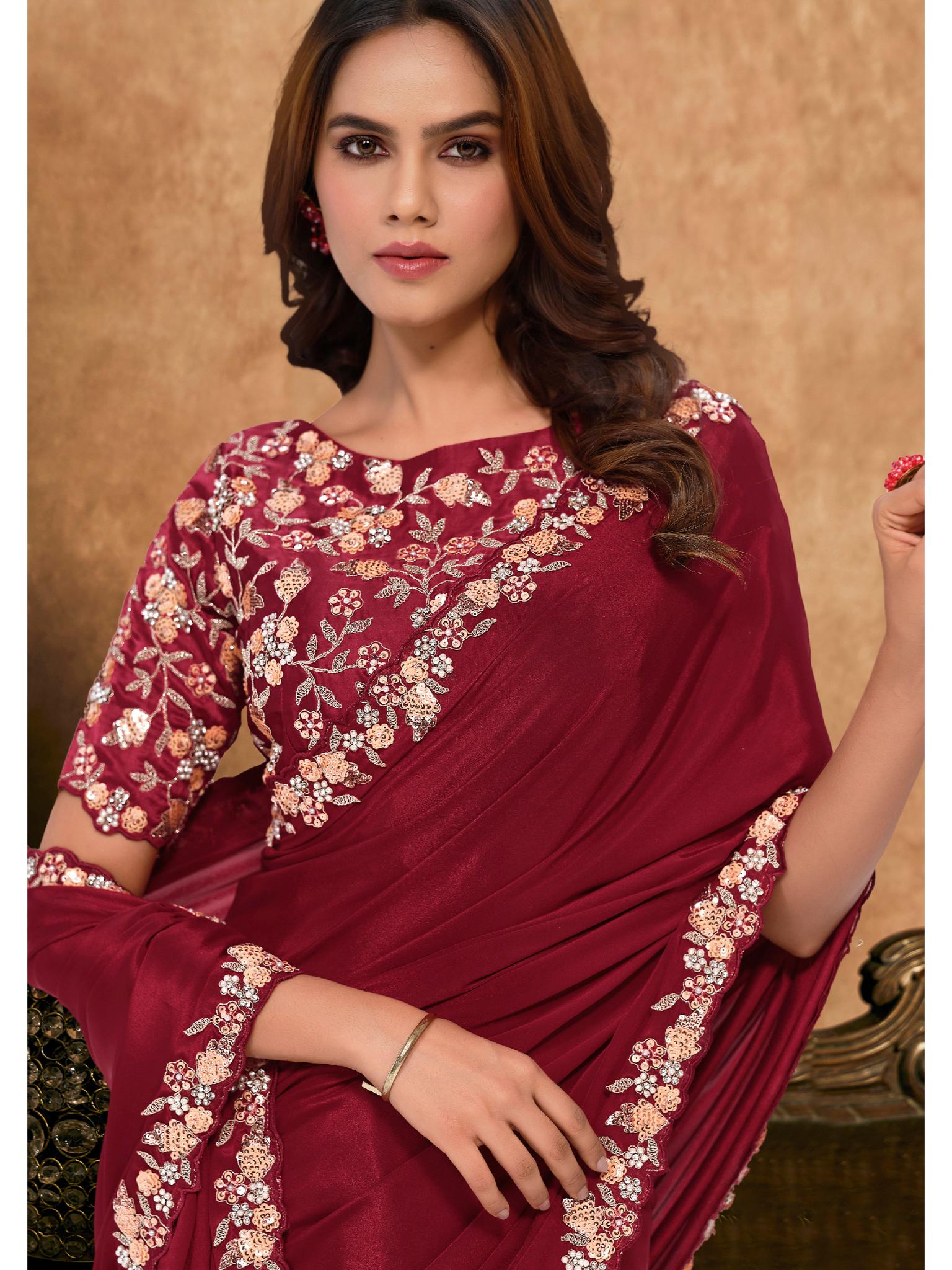 Maroon Pure Crepe Georgette Sequin Moti Work Saree