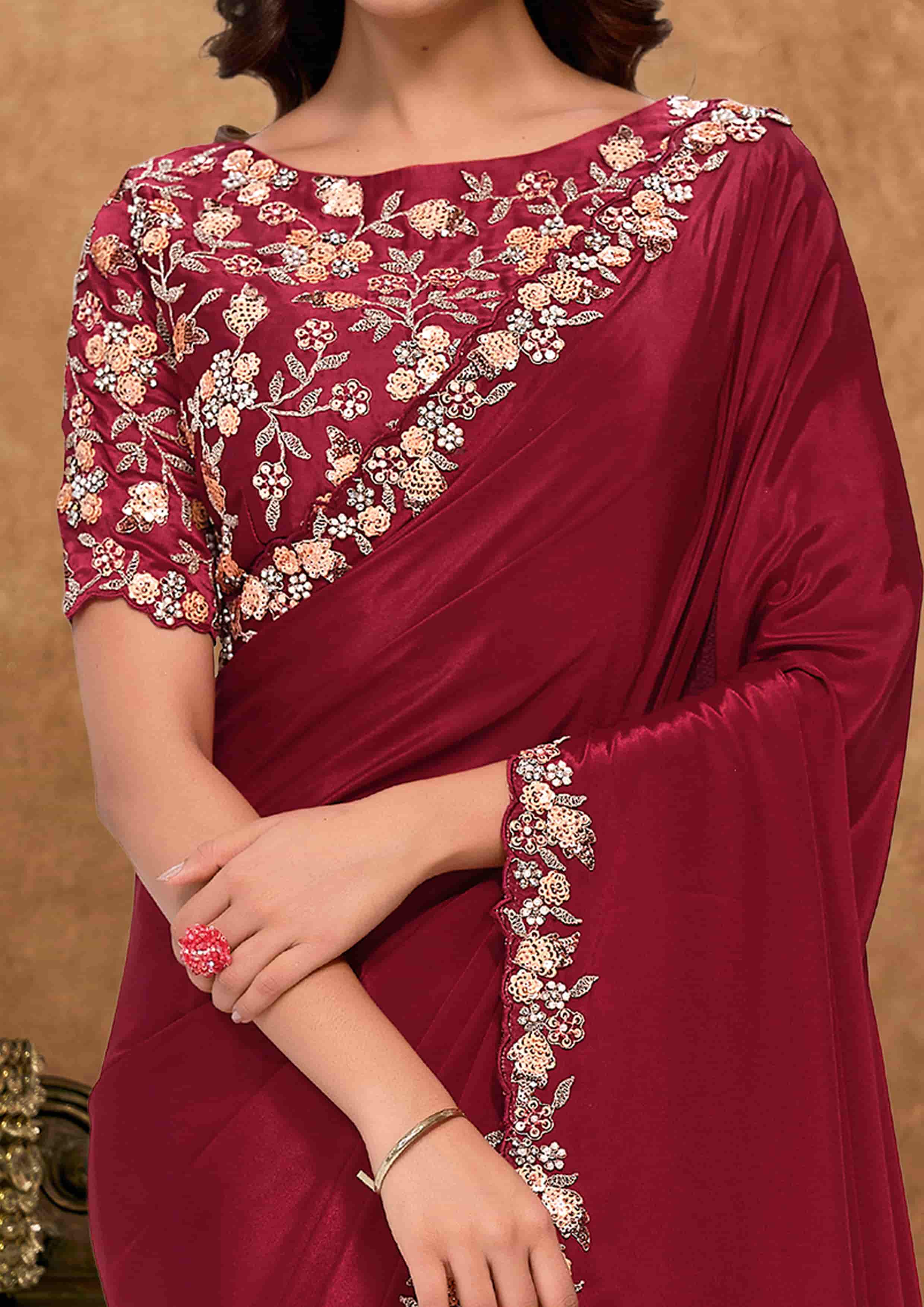 Maroon Pure Crepe Georgette Party Wear Saree with Unstitched Blouse