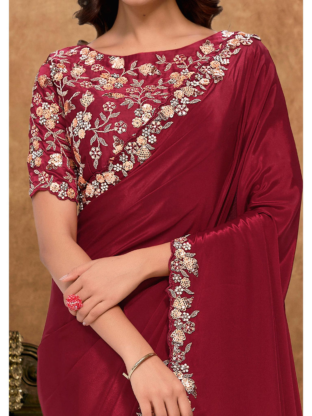 Maroon Pure Crepe Georgette Sequin Moti Work Saree