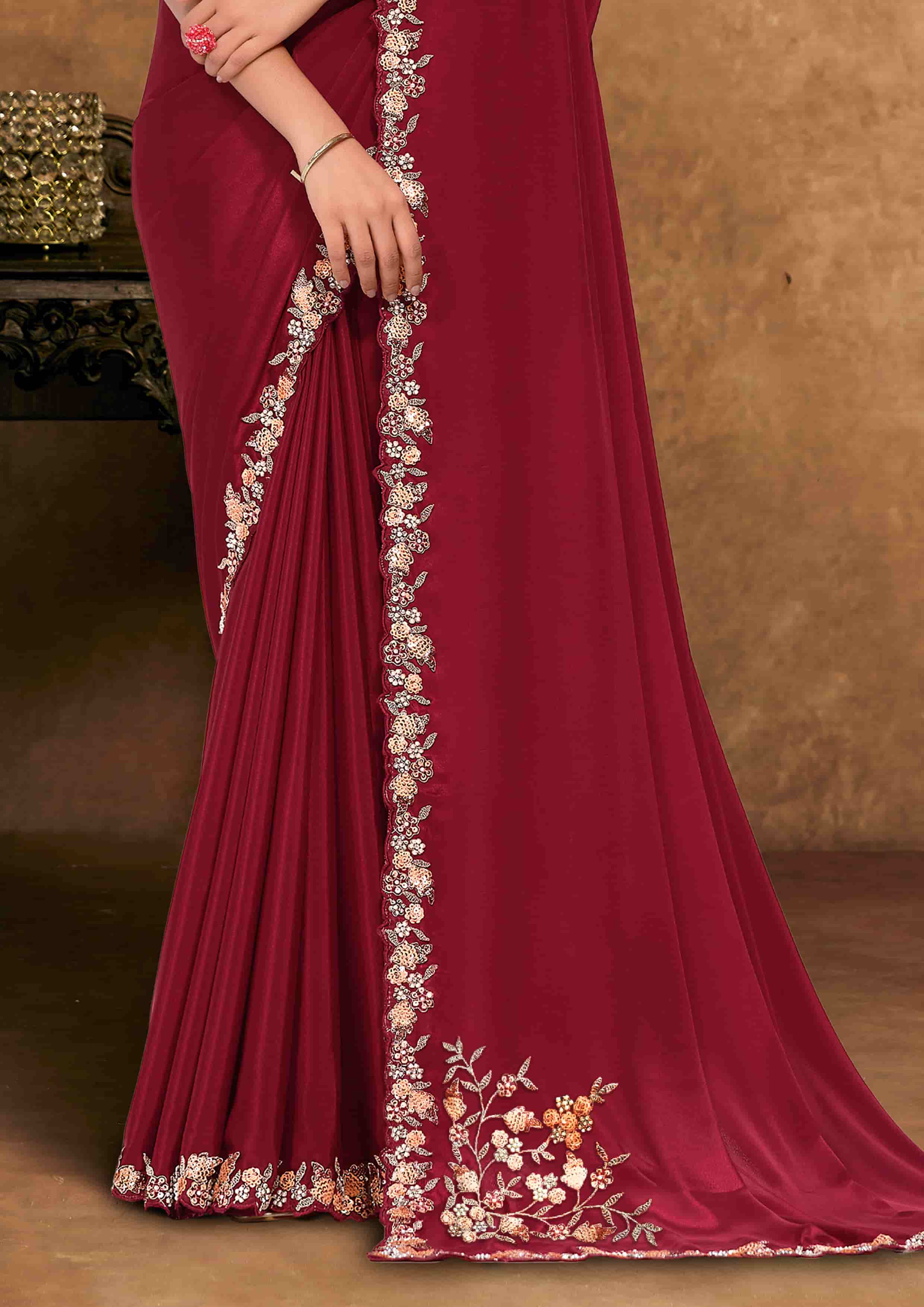 Maroon Pure Crepe Georgette Party Wear Saree with Unstitched Blouse