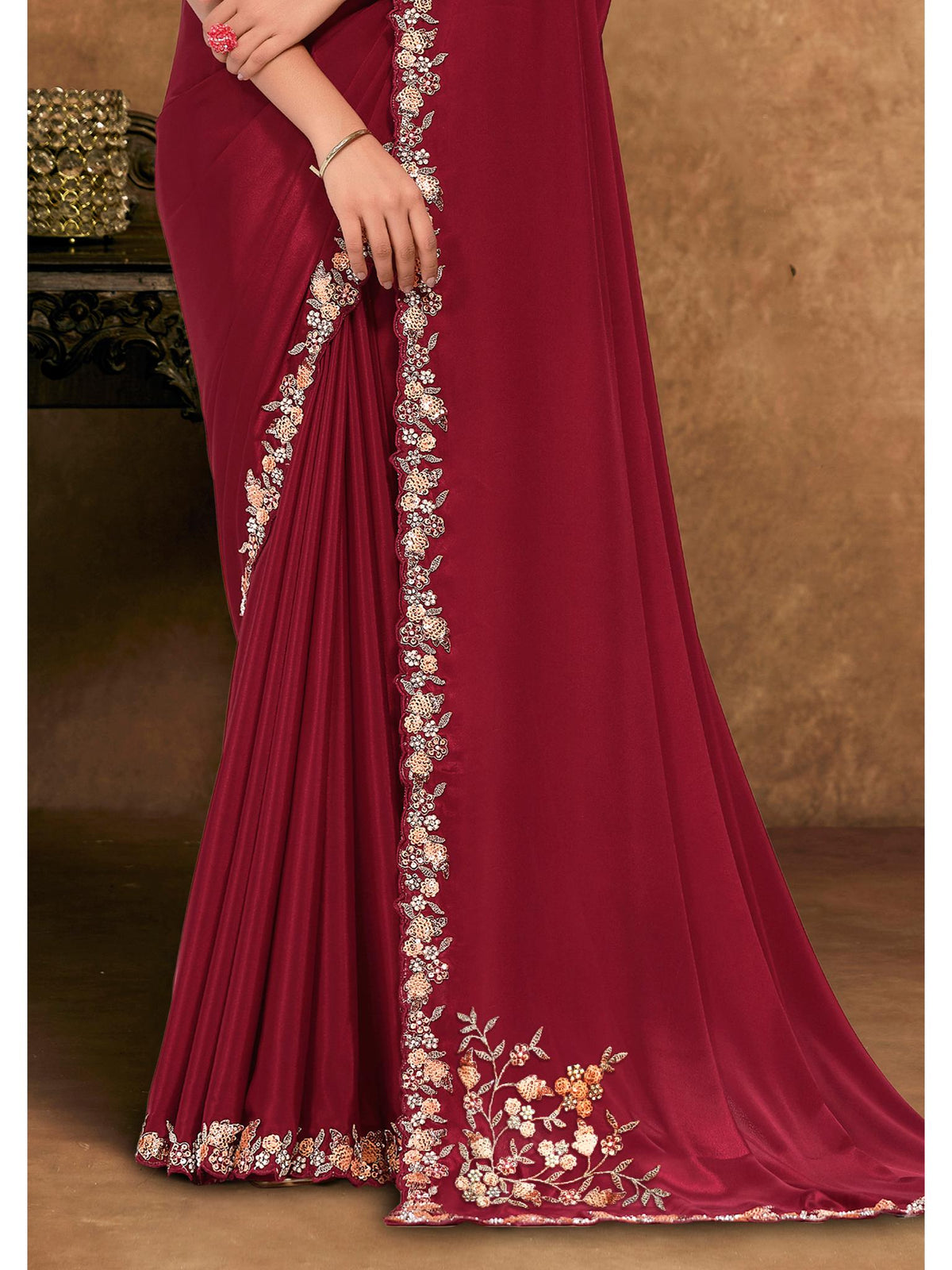 Maroon Pure Crepe Georgette Sequin Moti Work Saree