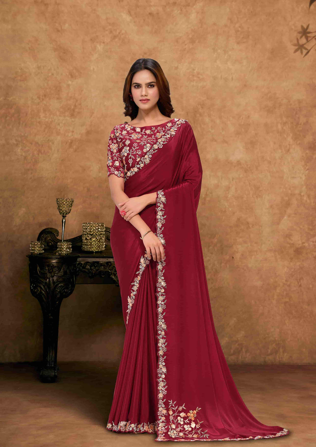 Maroon Pure Crepe Georgette Party Wear Saree with Unstitched Blouse