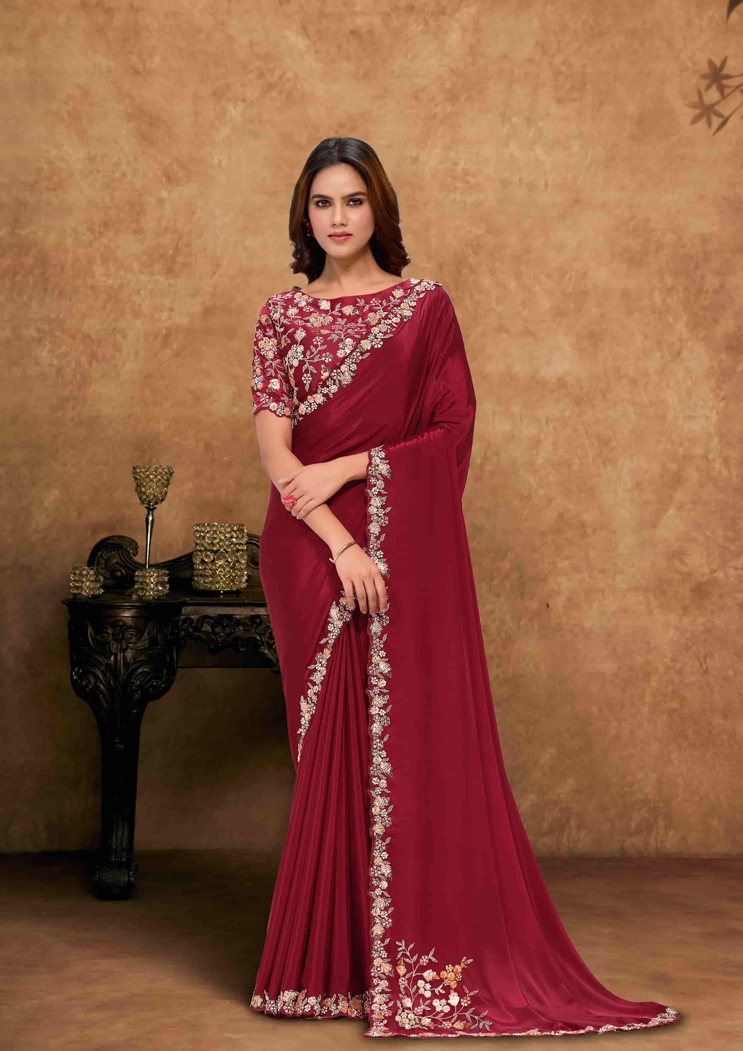 Maroon Pure Crepe Georgette Party Wear Saree with Unstitched Blouse