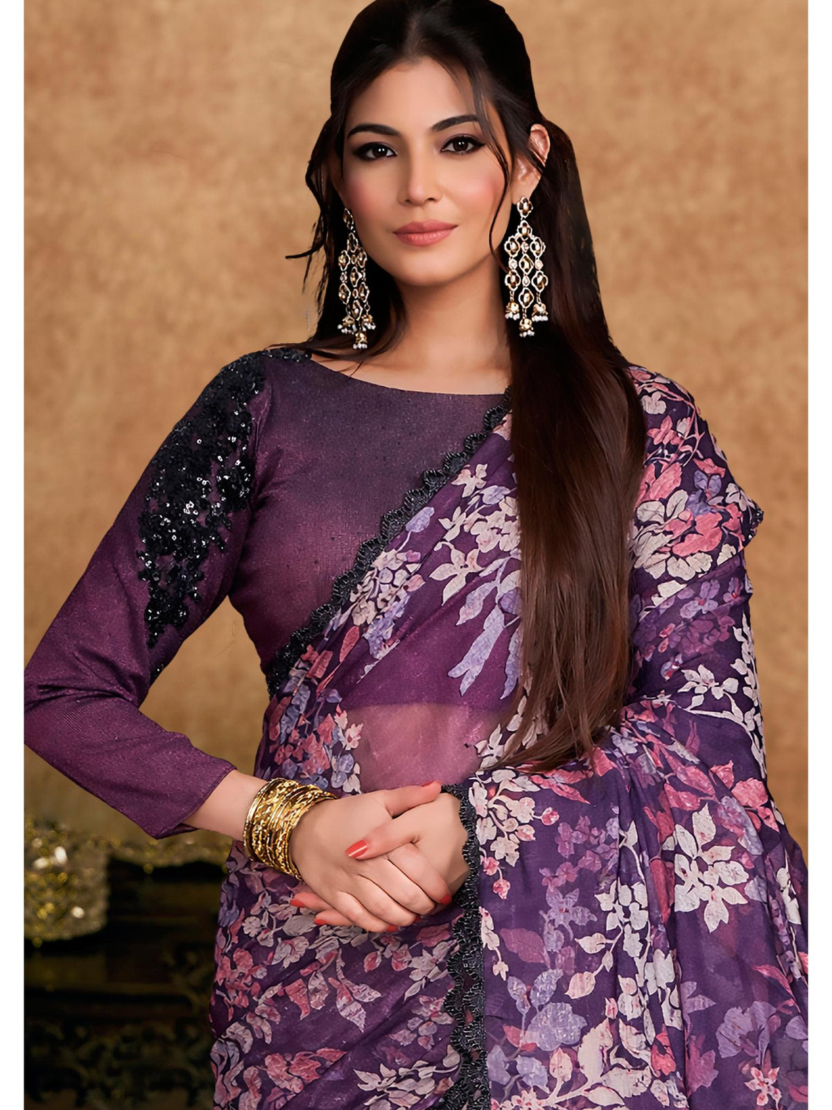 Wine Brasso Stone Embroidered Saree