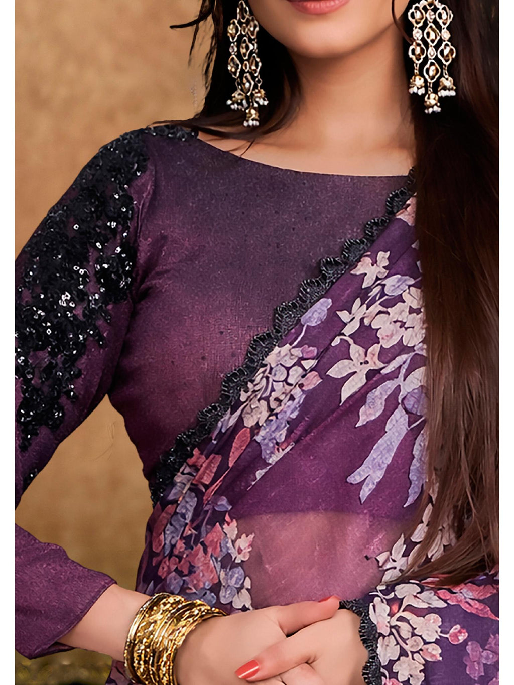 Wine Brasso Stone Embroidered Saree