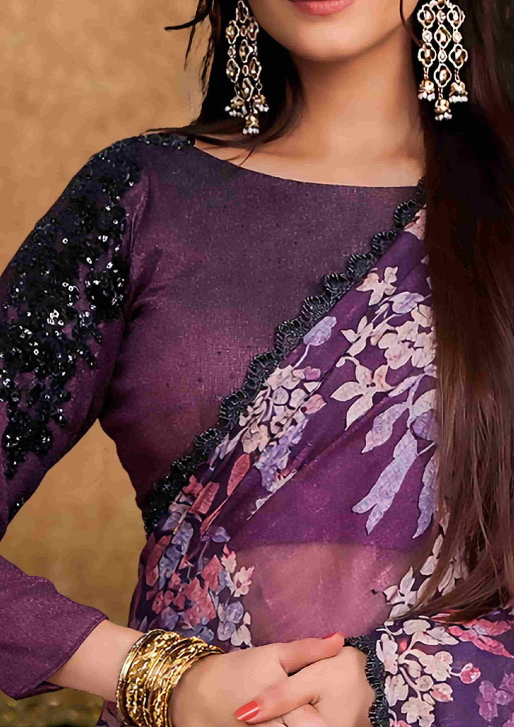 Purple Floral Crepe Silk Party Wear Saree with Handwork