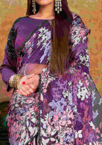 Purple Floral Crepe Silk Party Wear Saree with Handwork