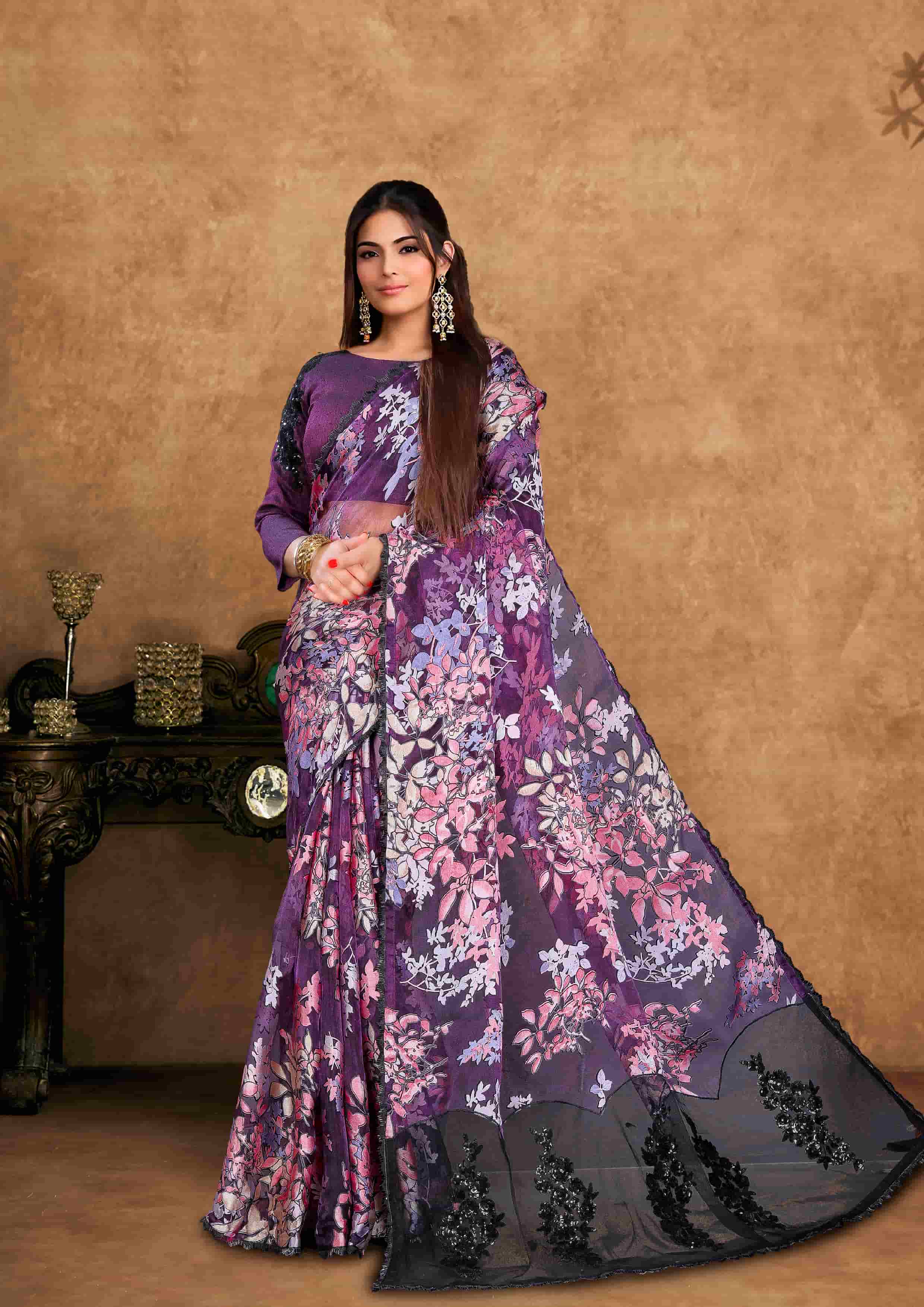 Purple Floral Crepe Silk Party Wear Saree with Handwork