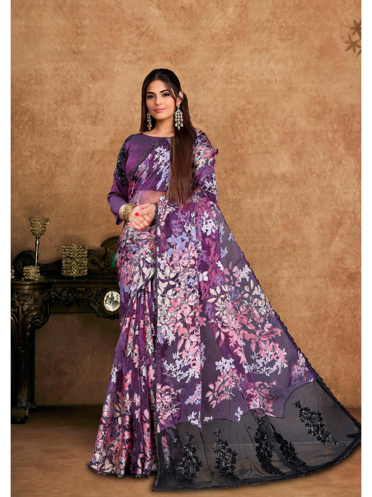 Wine Brasso Stone Embroidered Saree