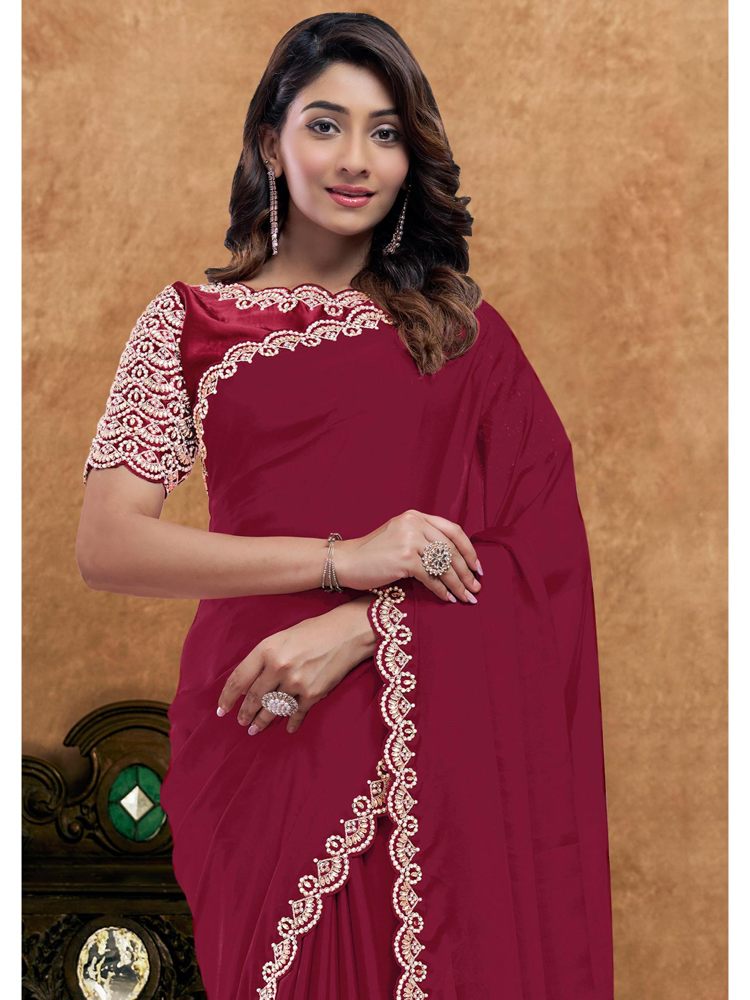 Red Pure Crepe Silk Moti Handwork Saree