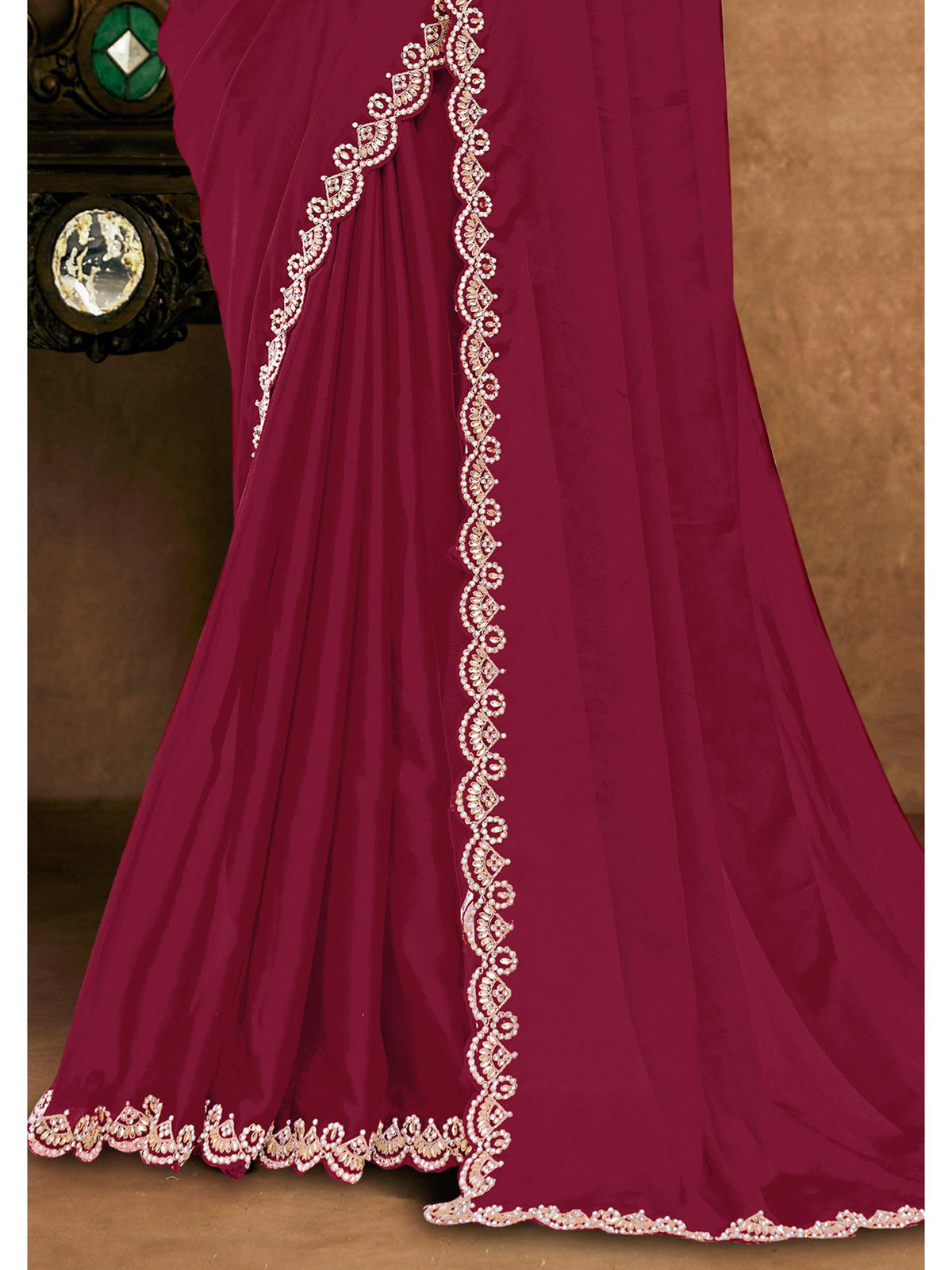 Red Pure Crepe Silk Moti Handwork Saree