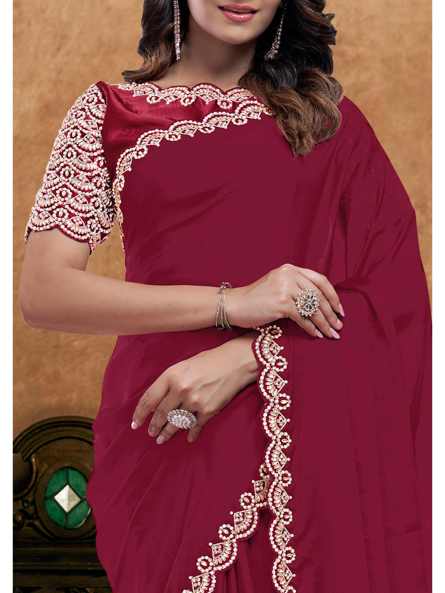 Red Pure Crepe Silk Moti Handwork Saree
