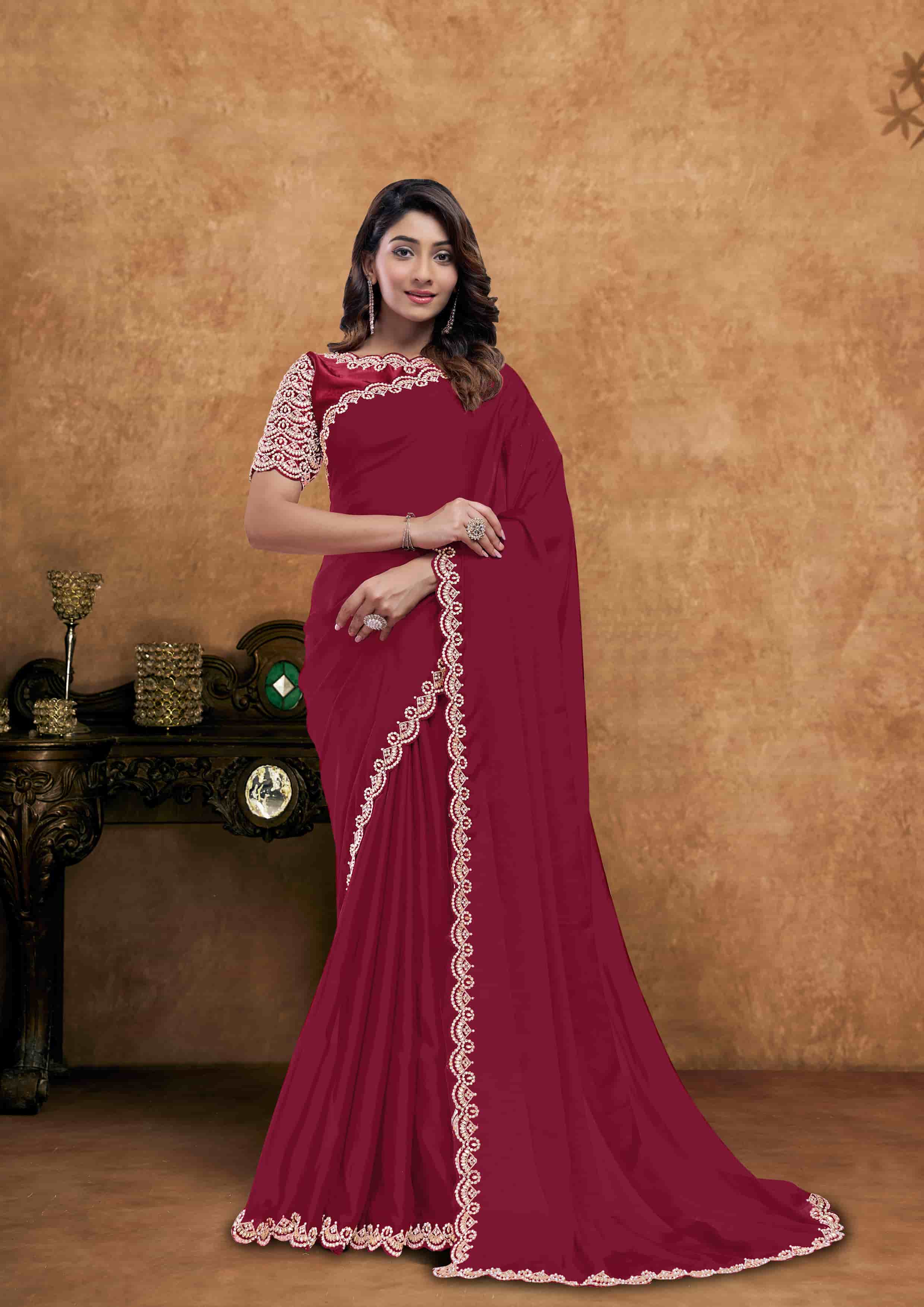 Red Pure Crepe Silk Party Wear Saree with Unstitched Blouse
