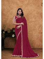 Red Pure Crepe Silk Moti Handwork Saree