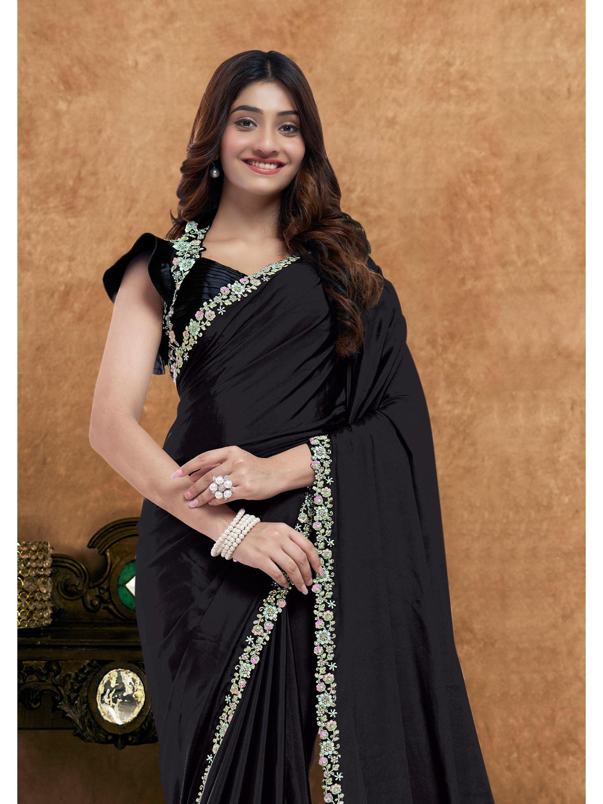 Black Pure Crepe Silk Diamond Handwork Saree