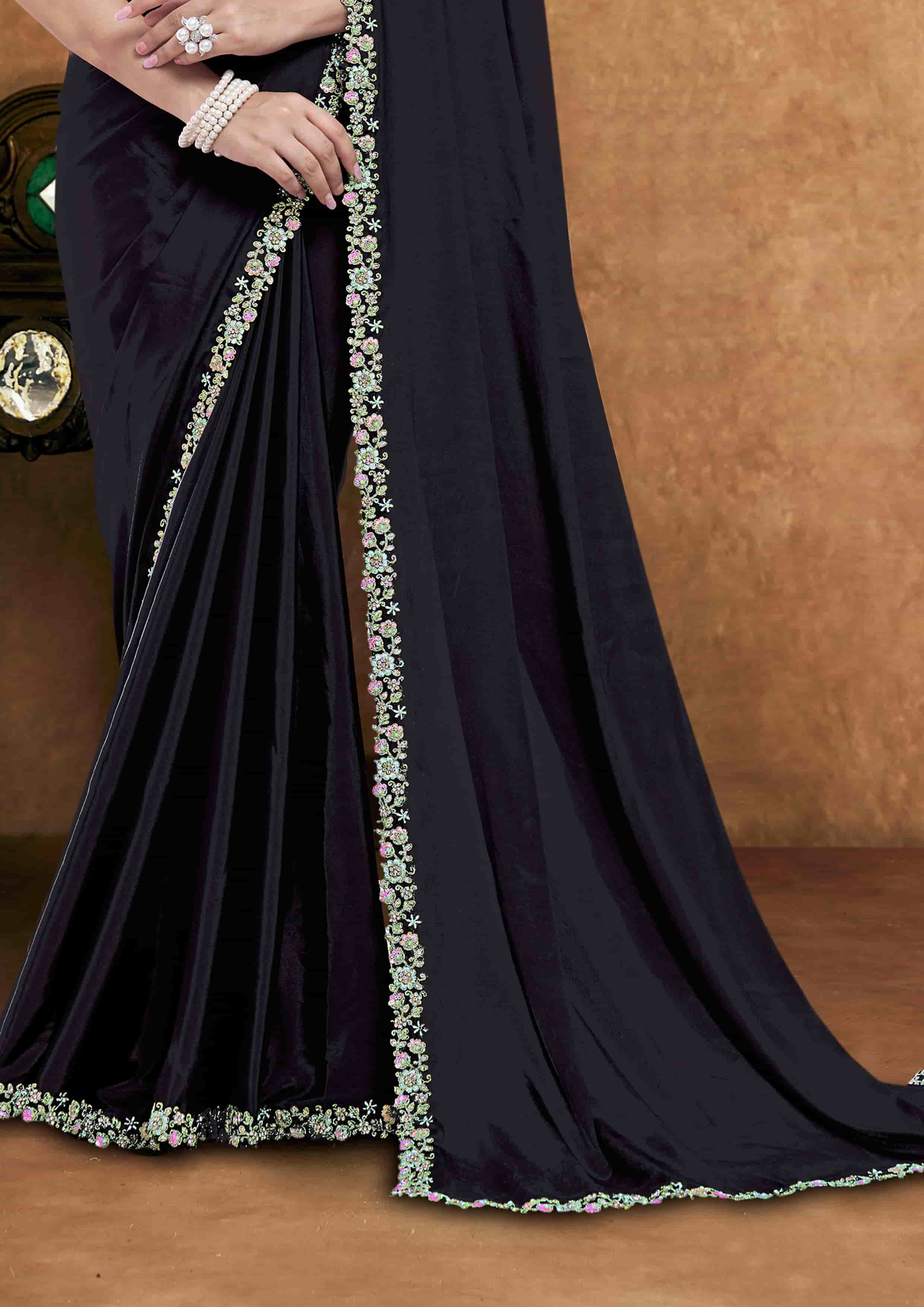 Wine Crepe Silk Party Wear Saree with Diamond Handwork