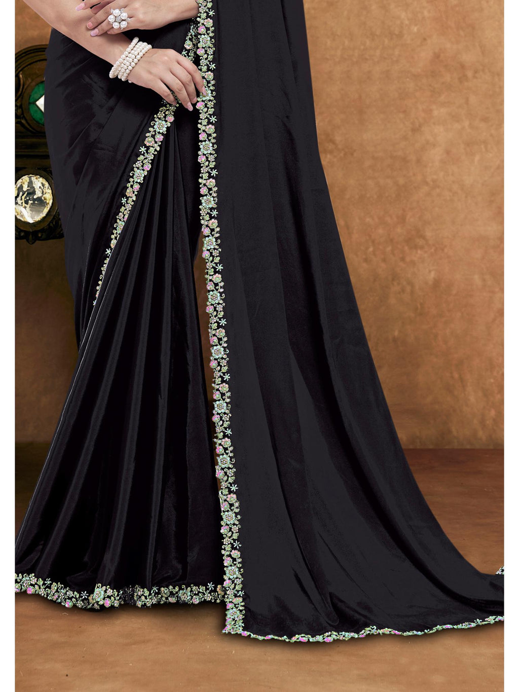 Black Pure Crepe Silk Diamond Handwork Saree